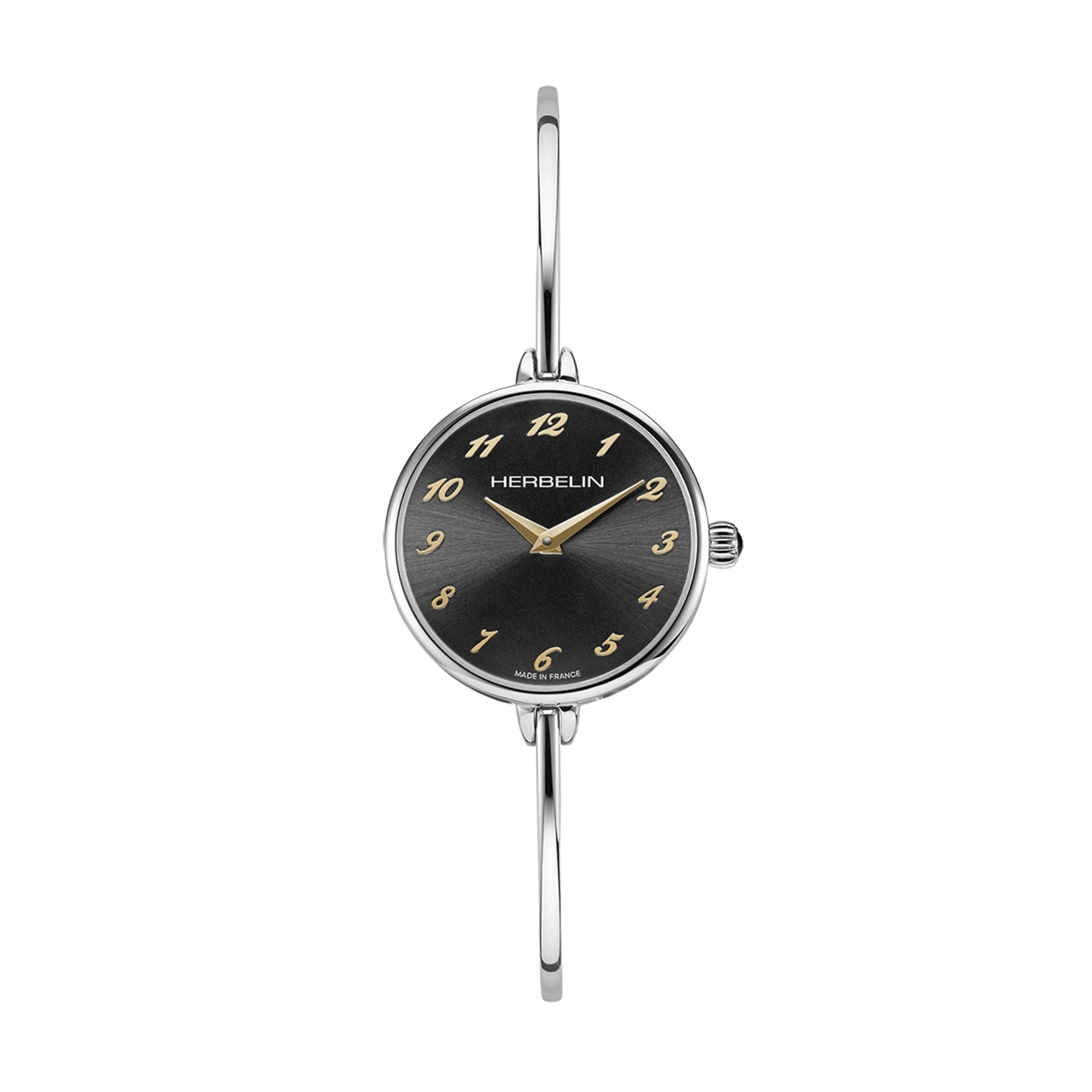 FIL, cadran noir, boîtier acier rond, bracelet acier