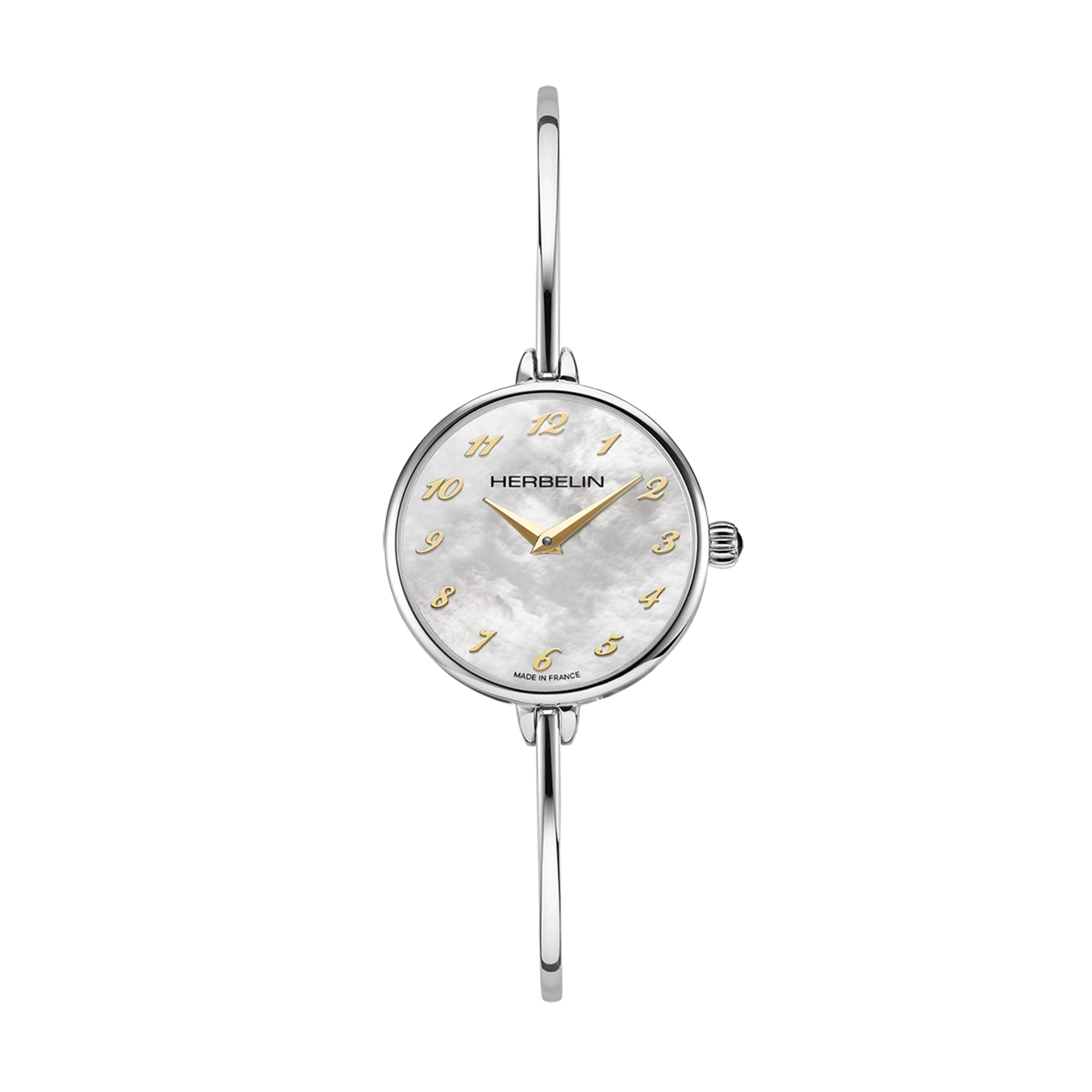 FIL, cadran nacre blanche, boîtier acier rond, bracelet acier