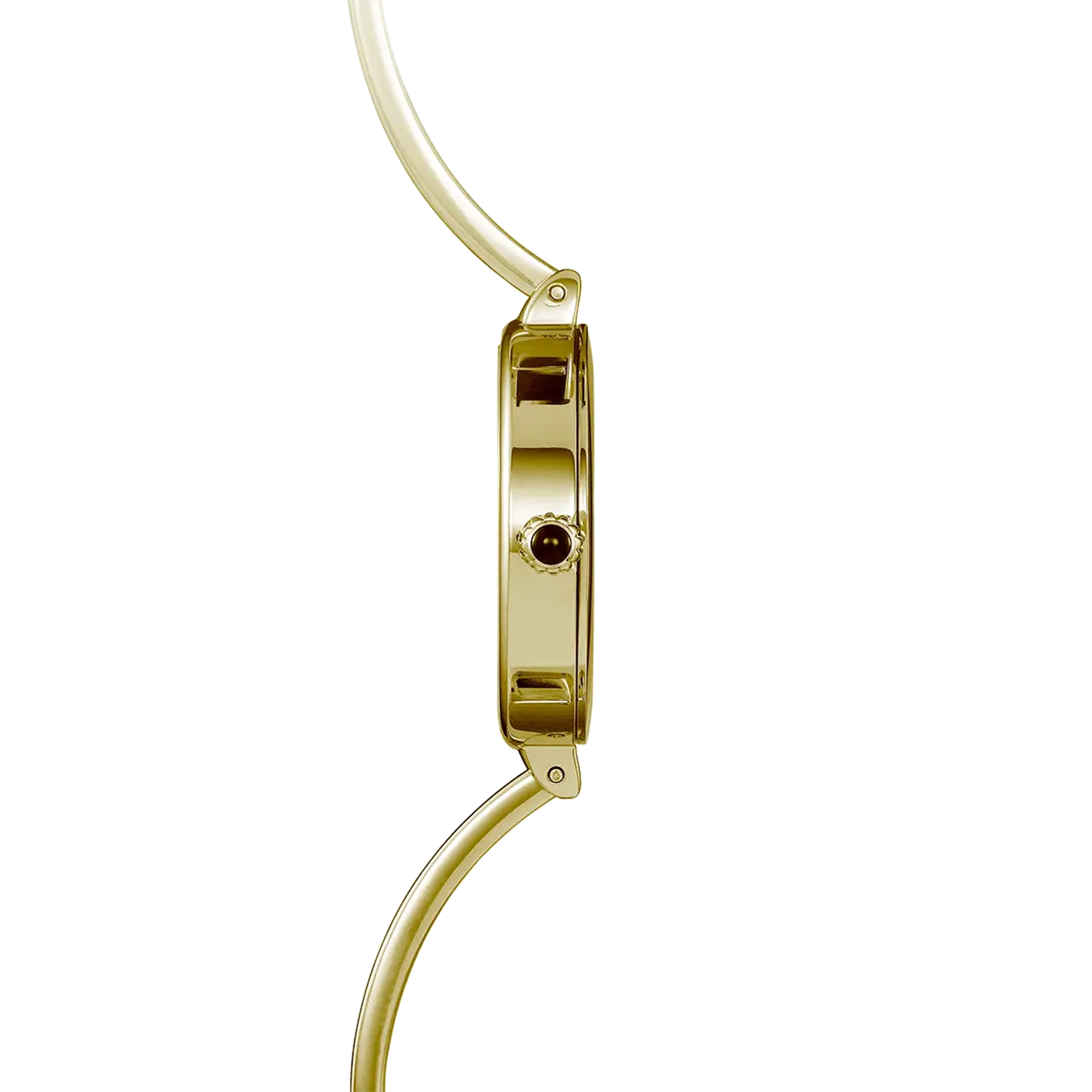 Vue de profil, tranche acier PVD or jaune, couronne et attaches du bracelet acier bicolore