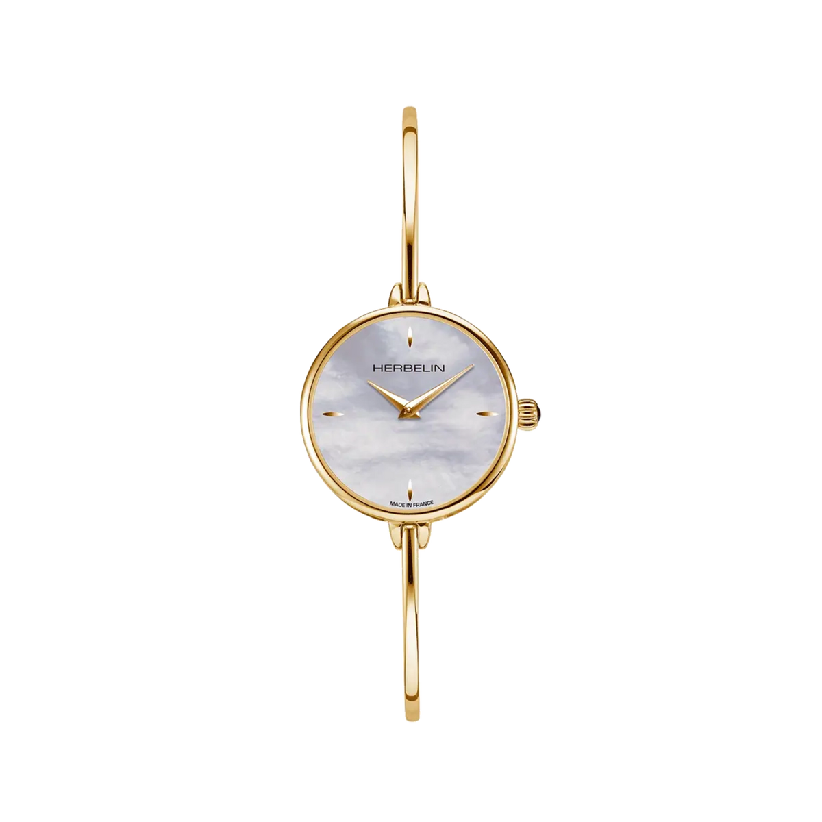 ⁣⁢FIL, wijzerplaat wit parelmoer, ronde stalen kast PVD geel goud, tweekleurige stalen band⁤⁣