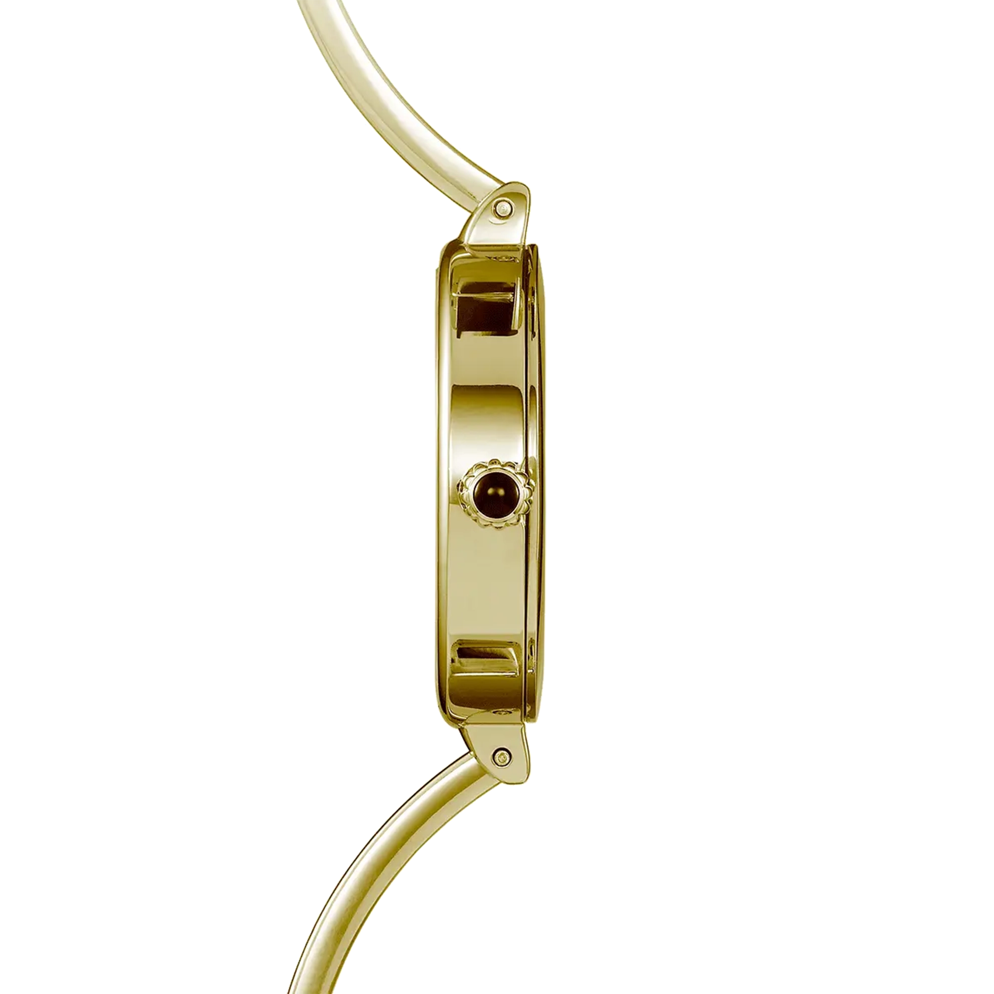 Vue de profil, tranche acier PVD or jaune, couronne et attaches du bracelet acier bicolore