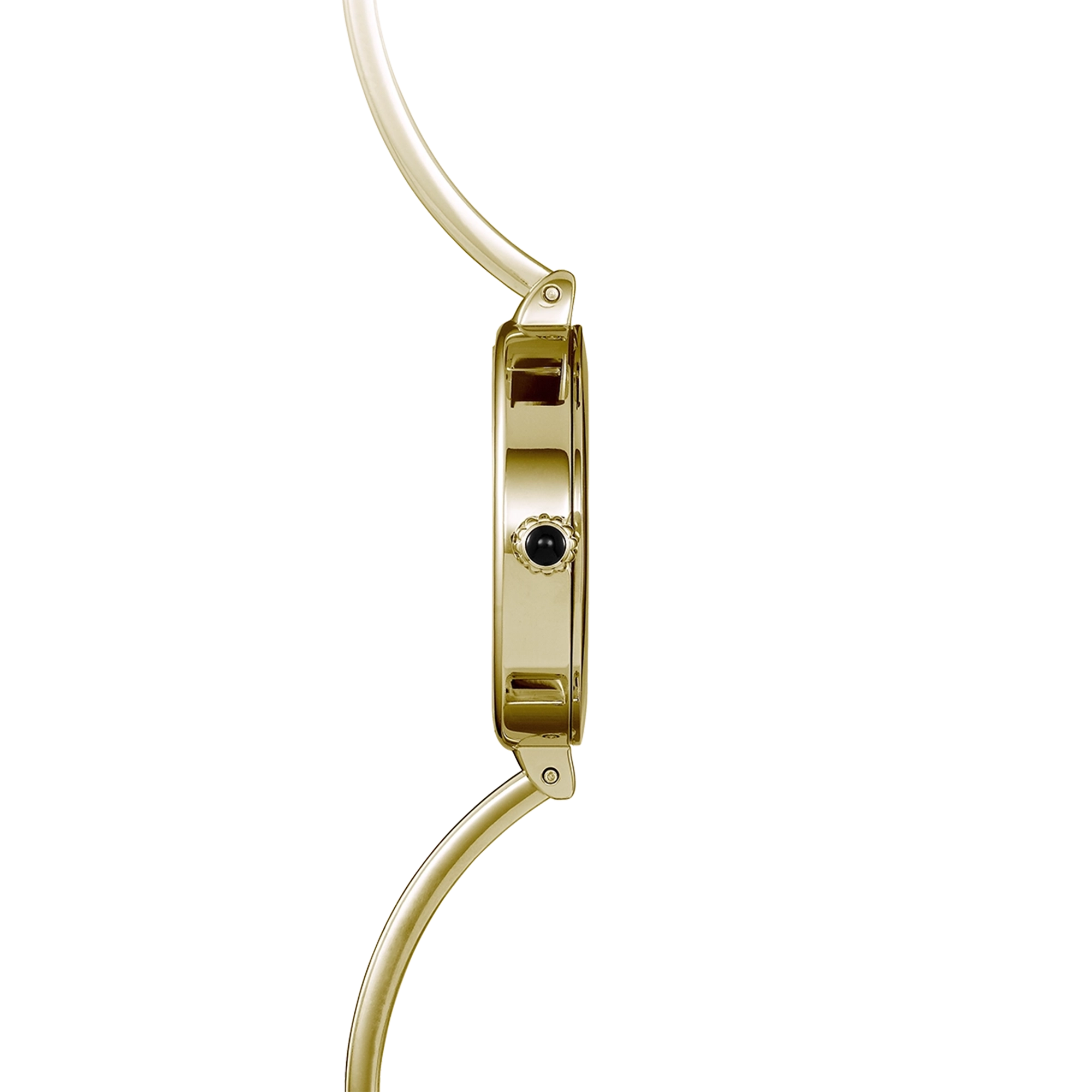 Vue de profil, tranche acier PVD or jaune, couronne et attaches du bracelet acier bicolore