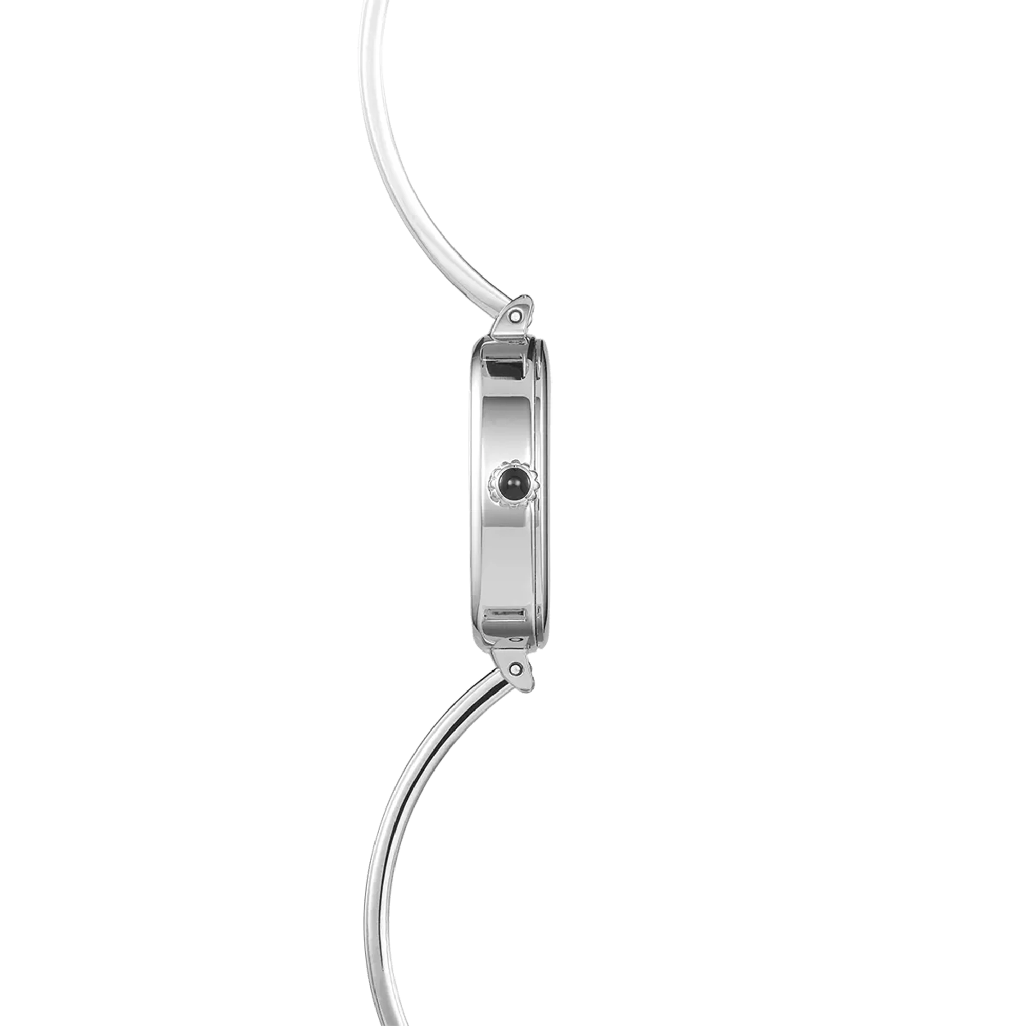 Vue de profil, tranche acier, couronne et attaches du bracelet acier
