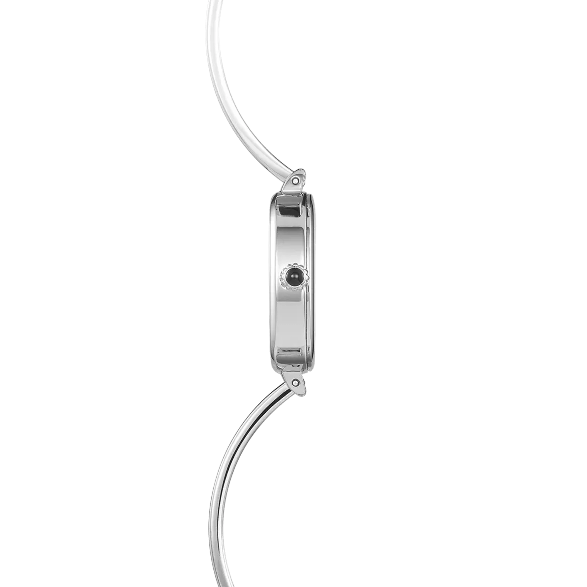 Vue de profil, tranche acier, couronne et attaches du bracelet acier