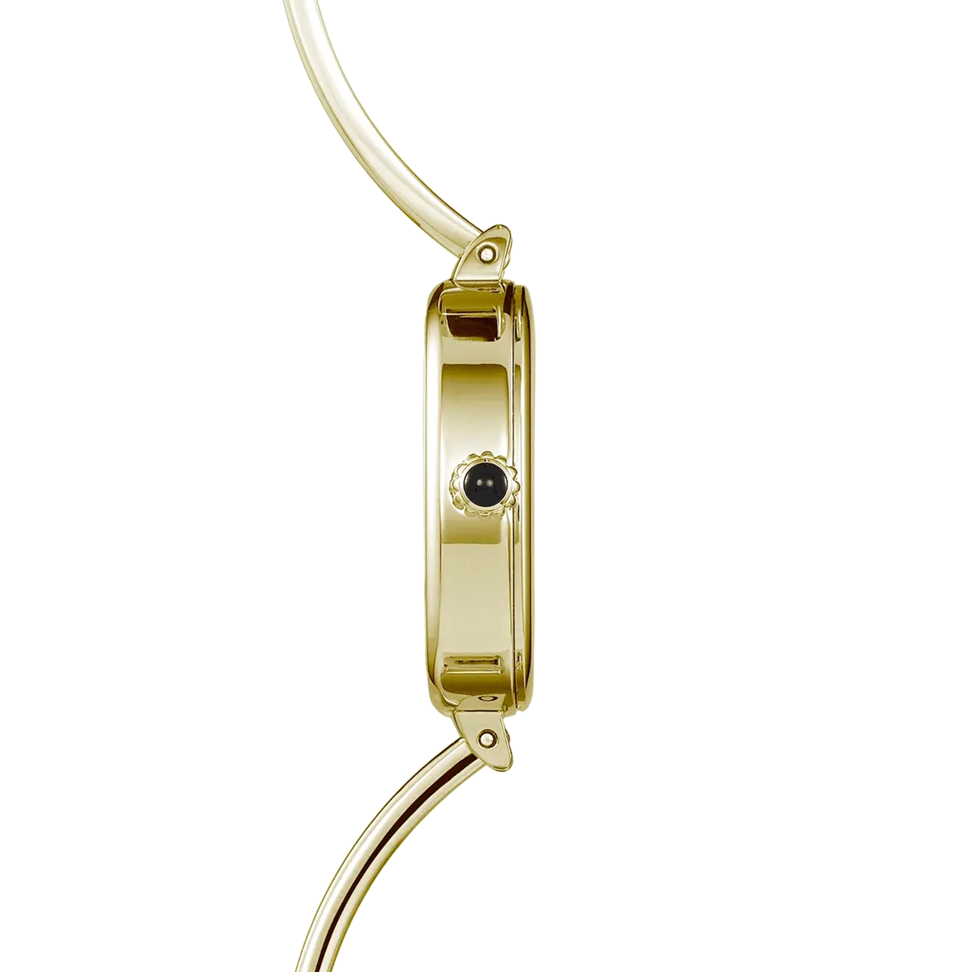Vue de profil, tranche acier PVD or jaune, couronne et attaches du bracelet acier bicolore