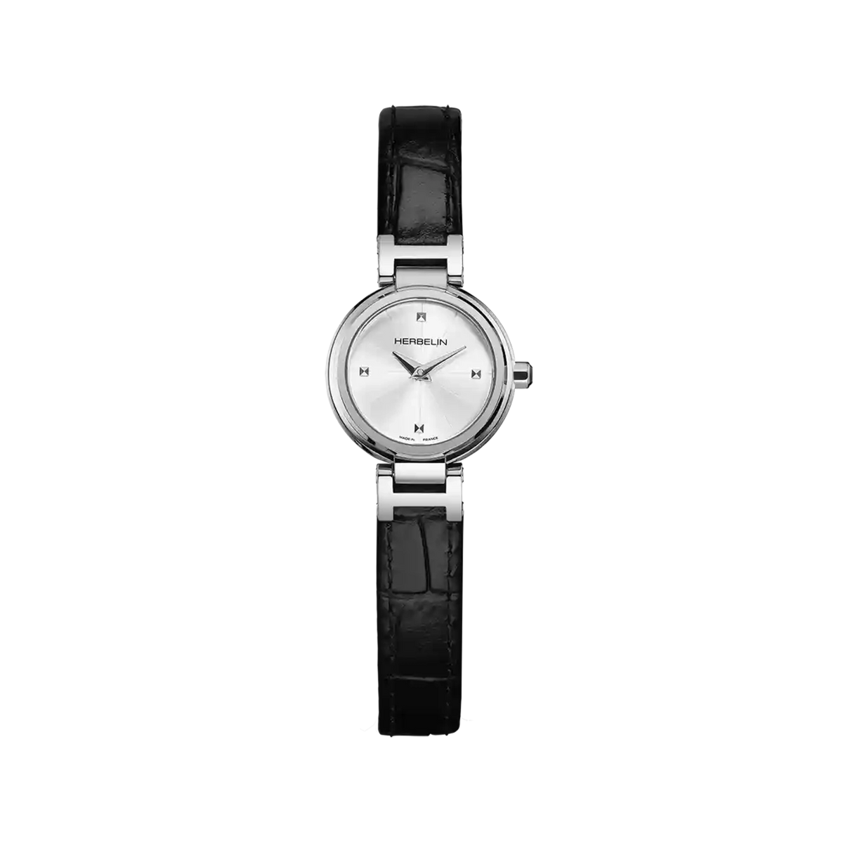 ⁣⁢Lady H, quadrante bianco argenté, cassa tonda in acciaio, cinturino in pelle⁤⁣
