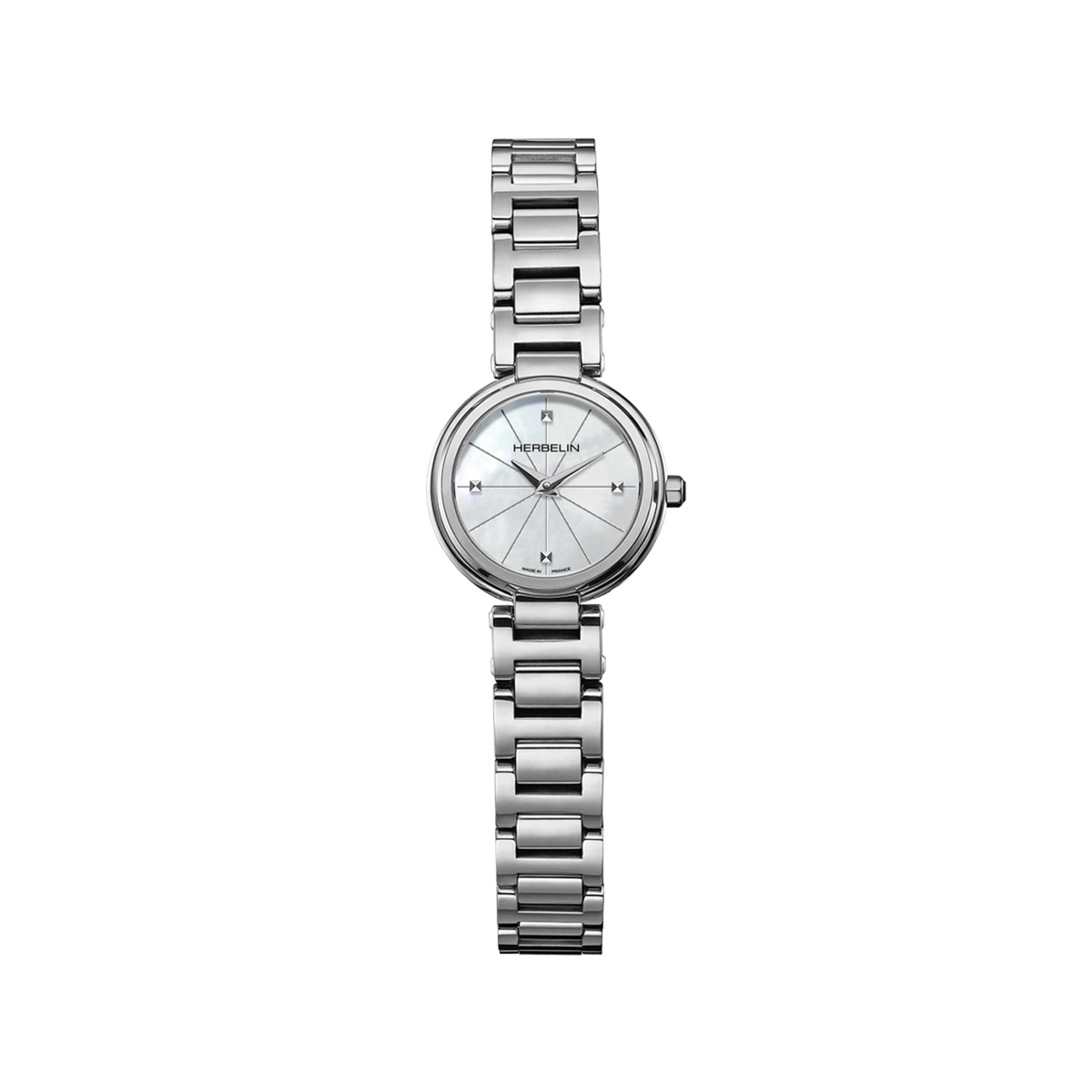 ⁣⁢Lady H, esfera de nácar blanco, caja redonda de acero, brazalete de acero⁤⁣