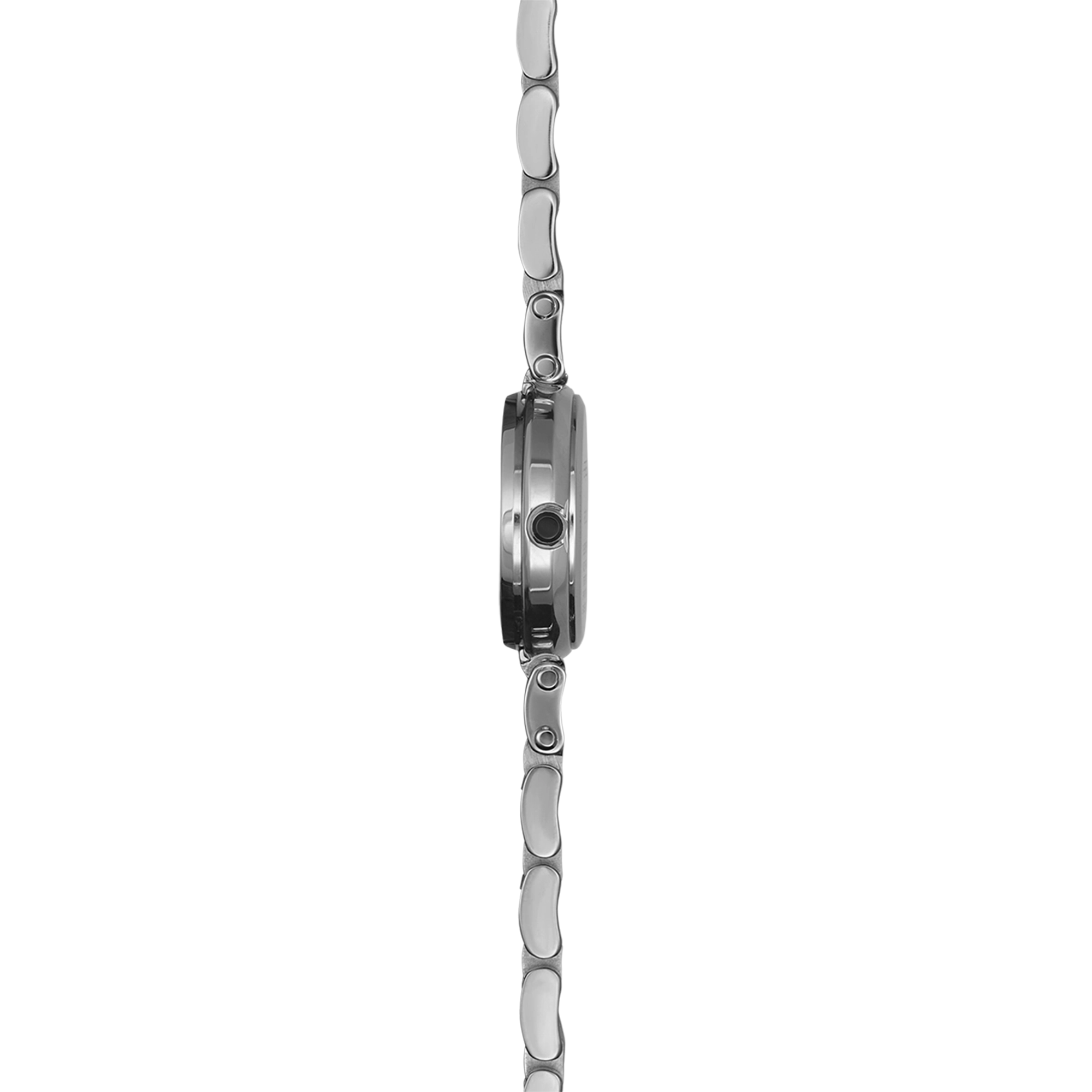 Vue de profil, tranche acier, couronne et attaches du bracelet acier