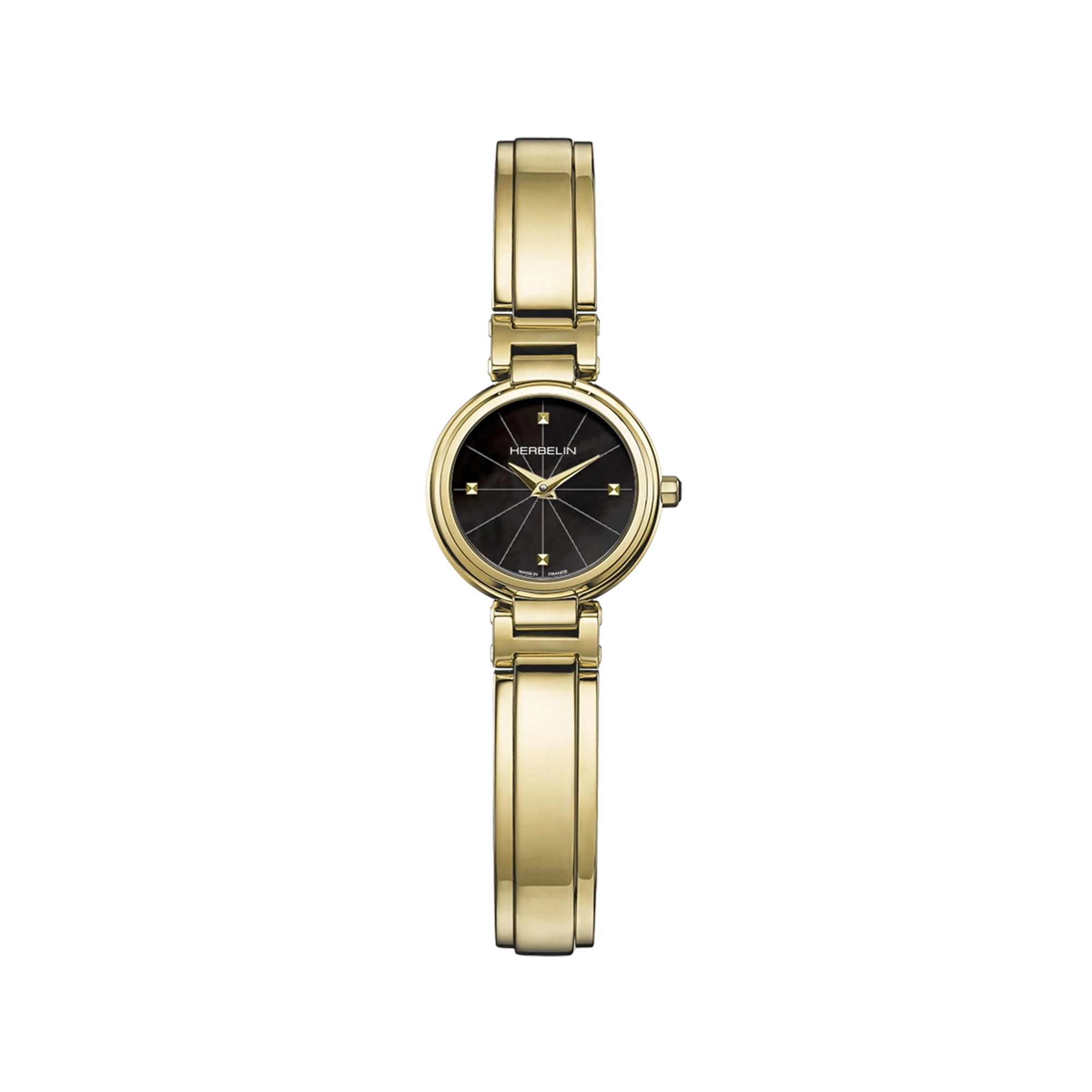 Lady H, cadran nacre blanche, boîtier acier PVD or jaune rond, bracelet acier bicolore