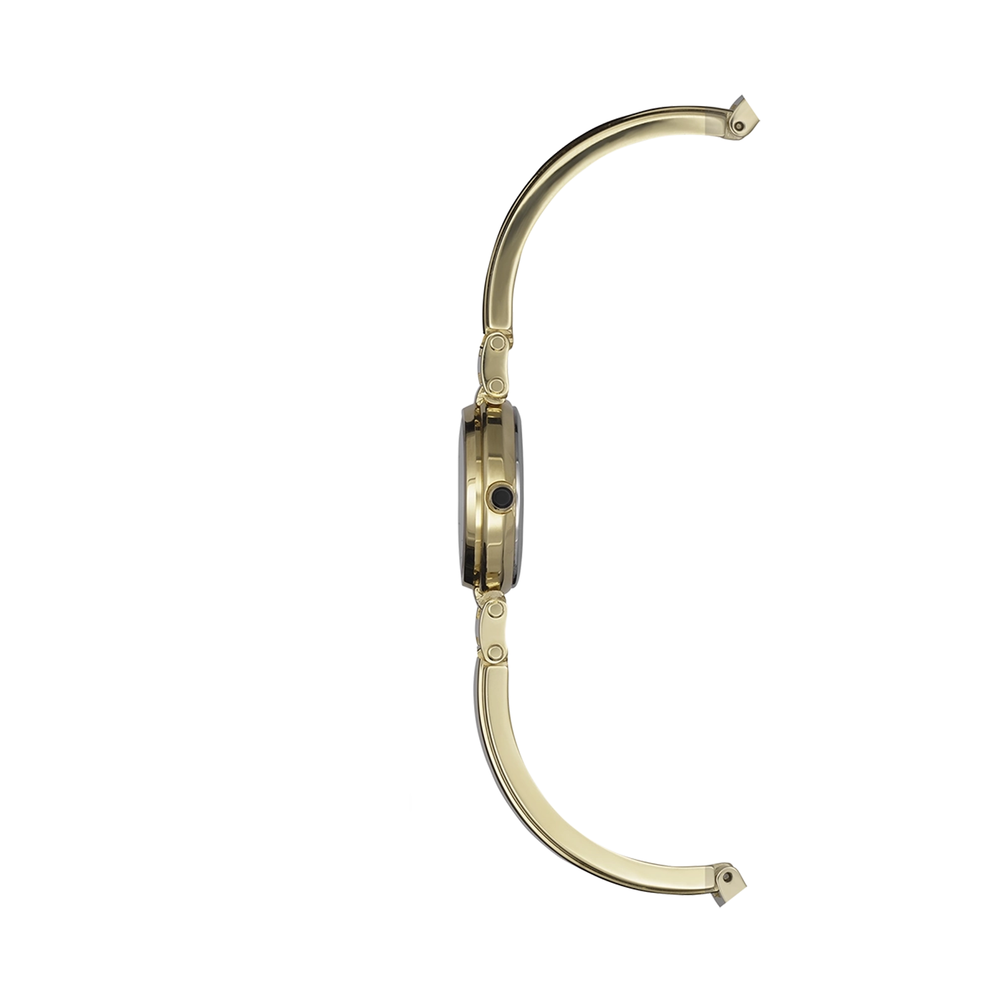 Vue de profil, tranche acier PVD or jaune, couronne et attaches du bracelet acier bicolore