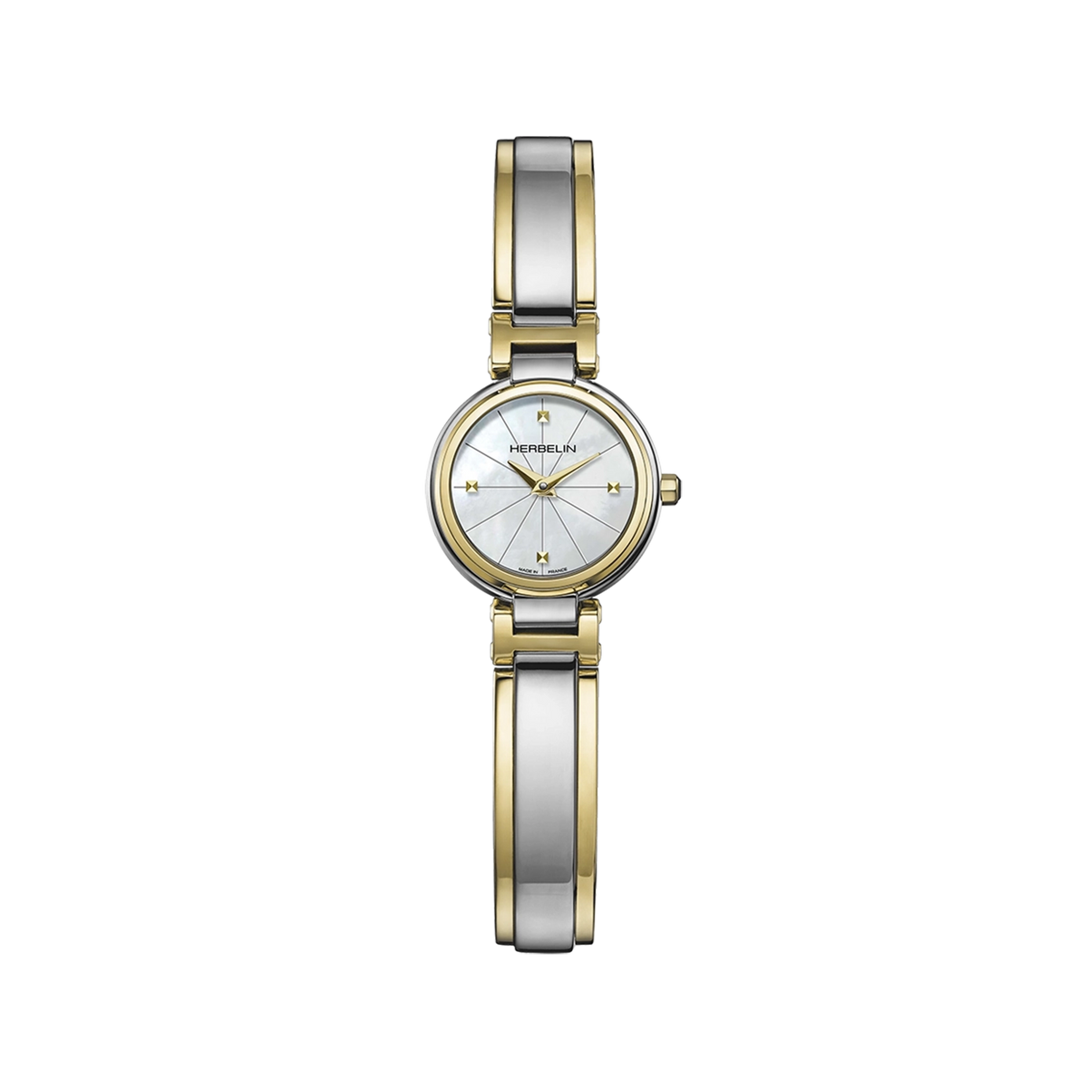 ⁣⁢Lady H, esfera de nácar blanco, caja redonda de acero PVD oro amarillo, brazalete de acero bicolor⁤⁣