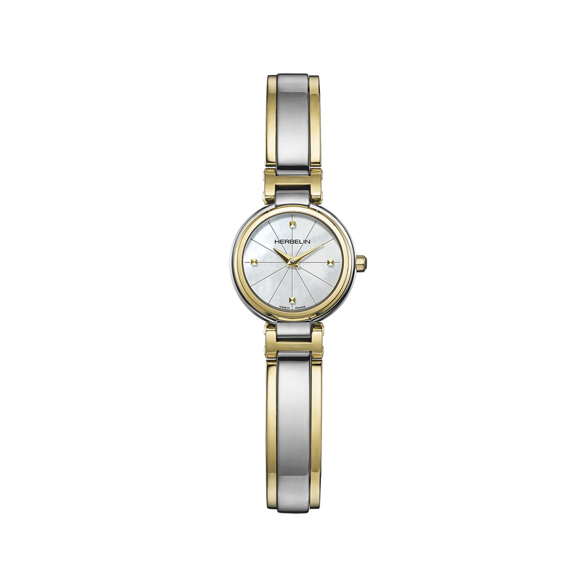 Lady H, cadran nacre blanche, boîtier acier PVD or jaune rond, bracelet acier bicolore