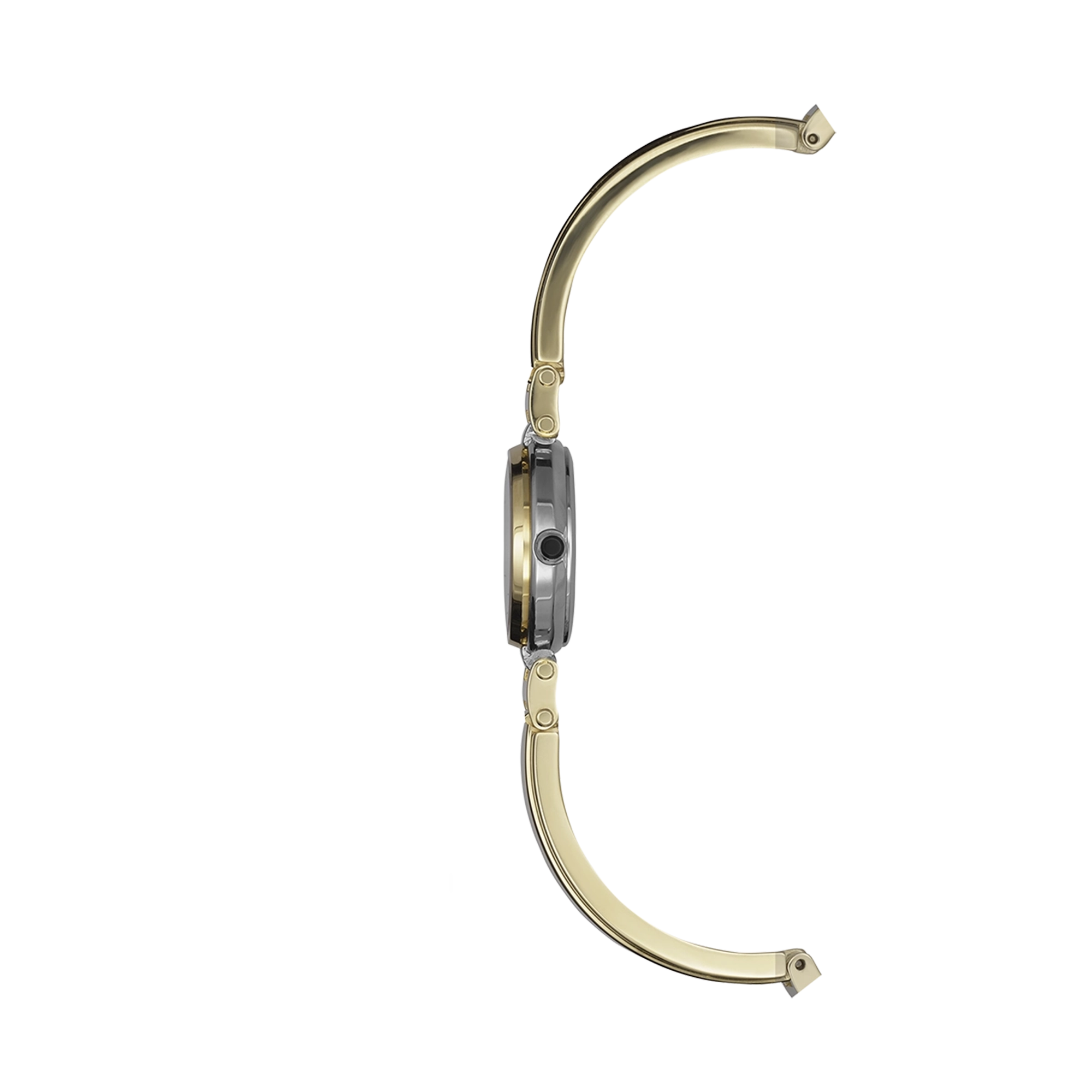 ⁣⁢Vista di profilo, carrure acciaio PVD oro giallo, corona e anse del bracciale acciaio bicolore⁤⁣