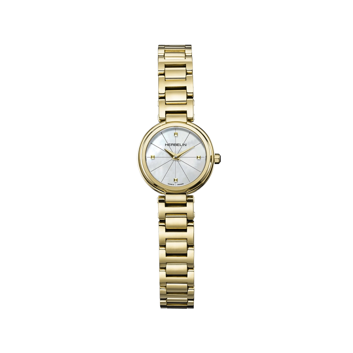 ⁣⁢Lady H, esfera de nácar blanco, caja redonda de acero PVD oro amarillo, brazalete de acero bicolor⁤⁣