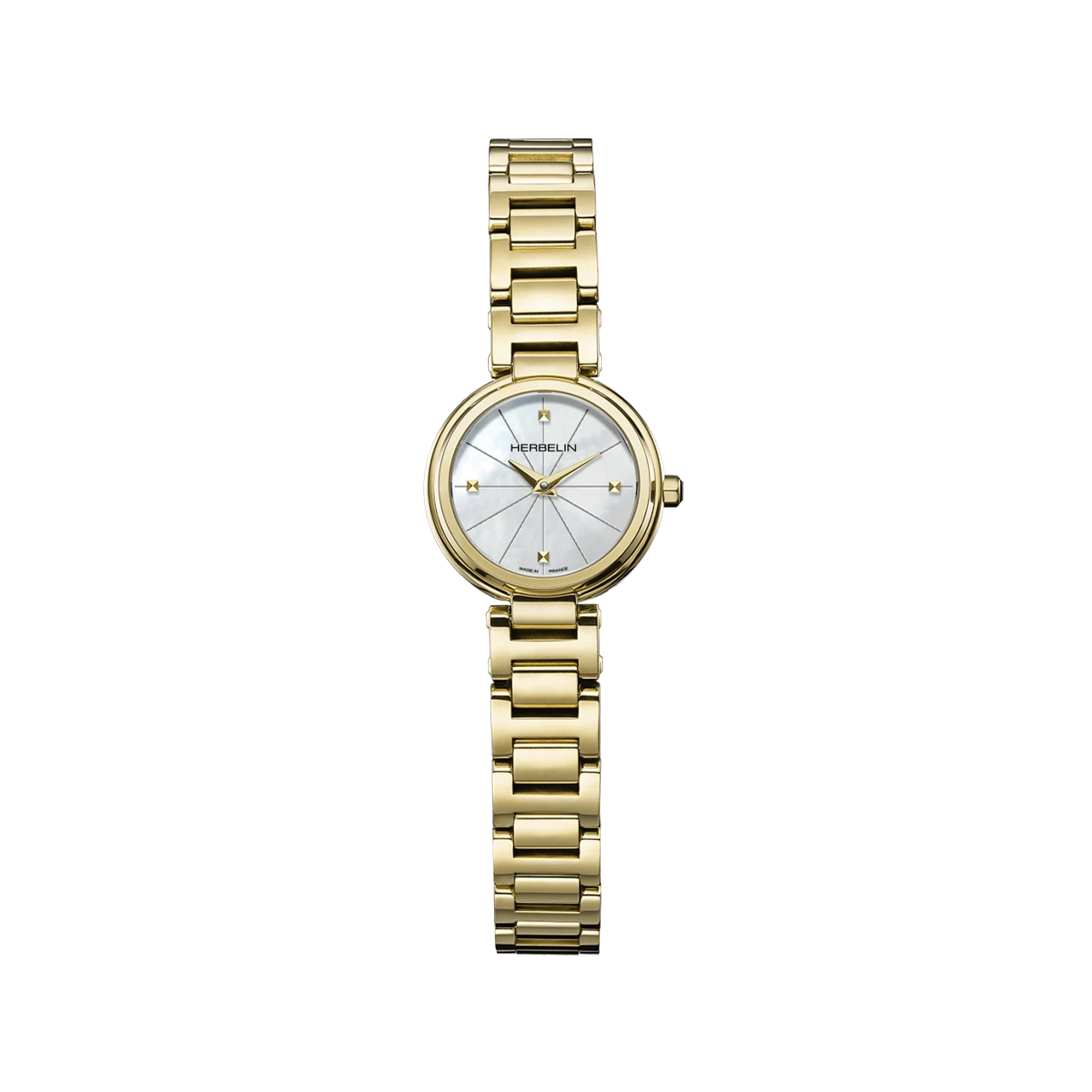 Lady H, cadran nacre blanche, boîtier acier PVD or jaune rond, bracelet acier bicolore