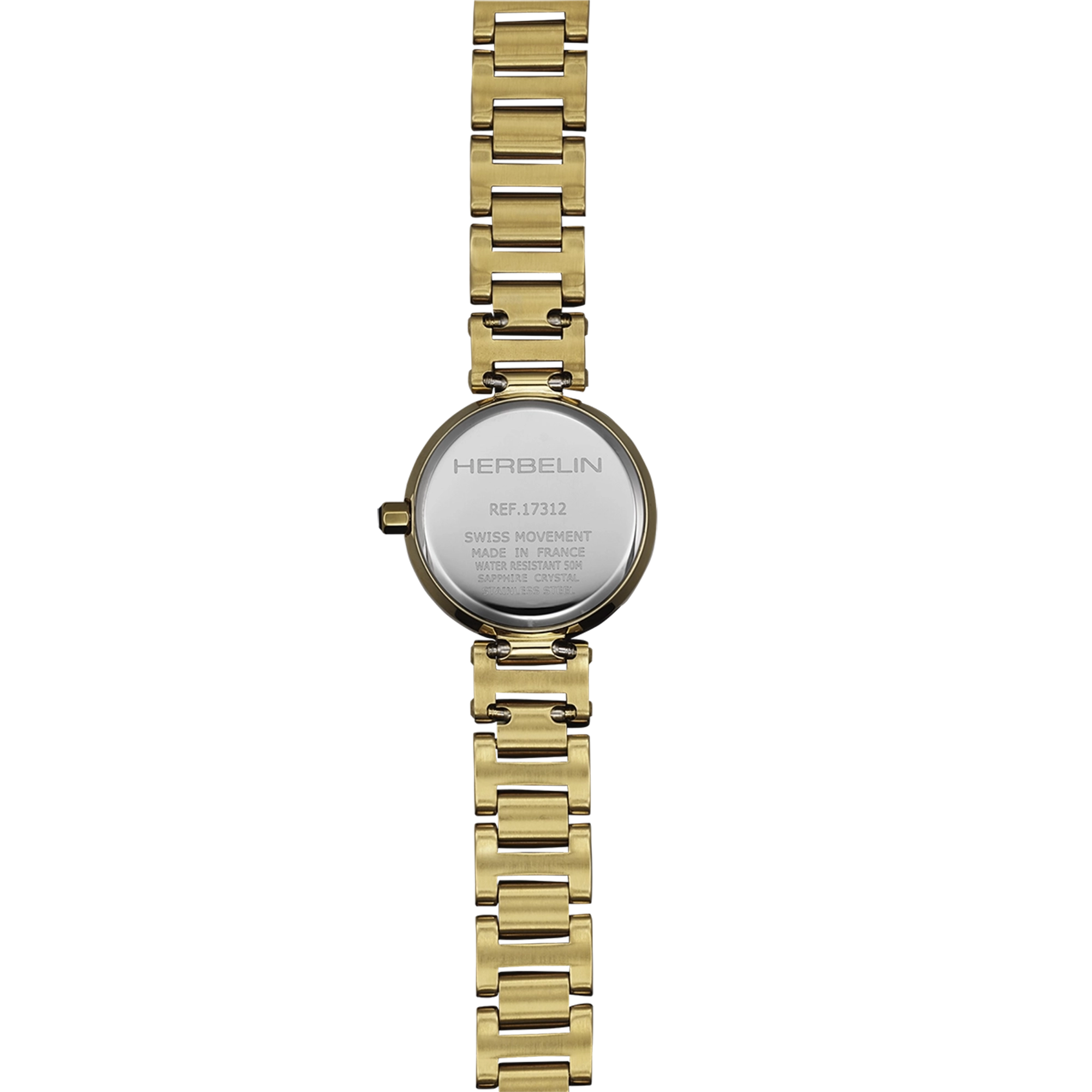 Dos de la Lady H, fond acier PVD or jaune avec gravure du modèle
