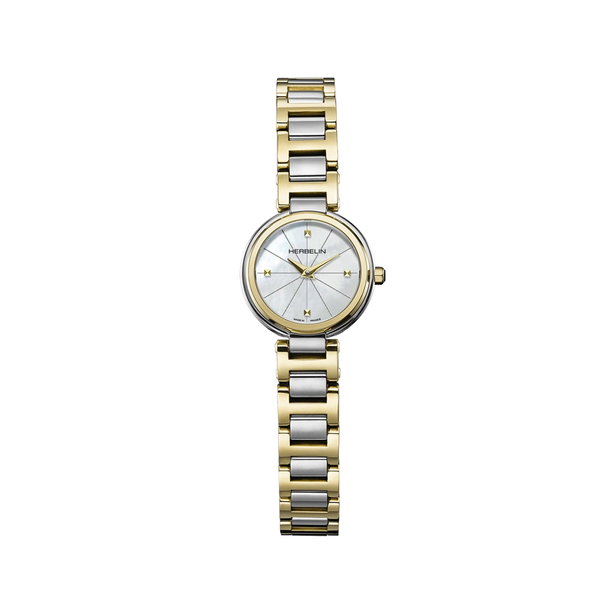 ⁣⁢Lady H, esfera de nácar blanco, caja redonda de acero PVD oro amarillo, brazalete de acero bicolor⁤⁣