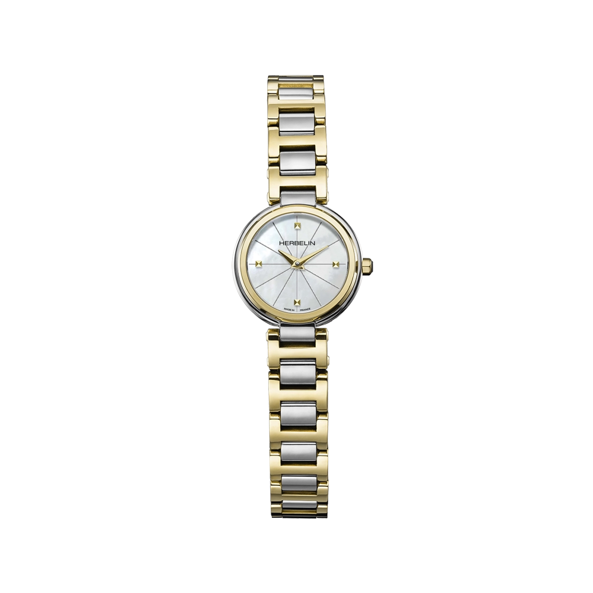 Lady H, cadran nacre blanche, boîtier acier PVD or jaune rond, bracelet acier bicolore