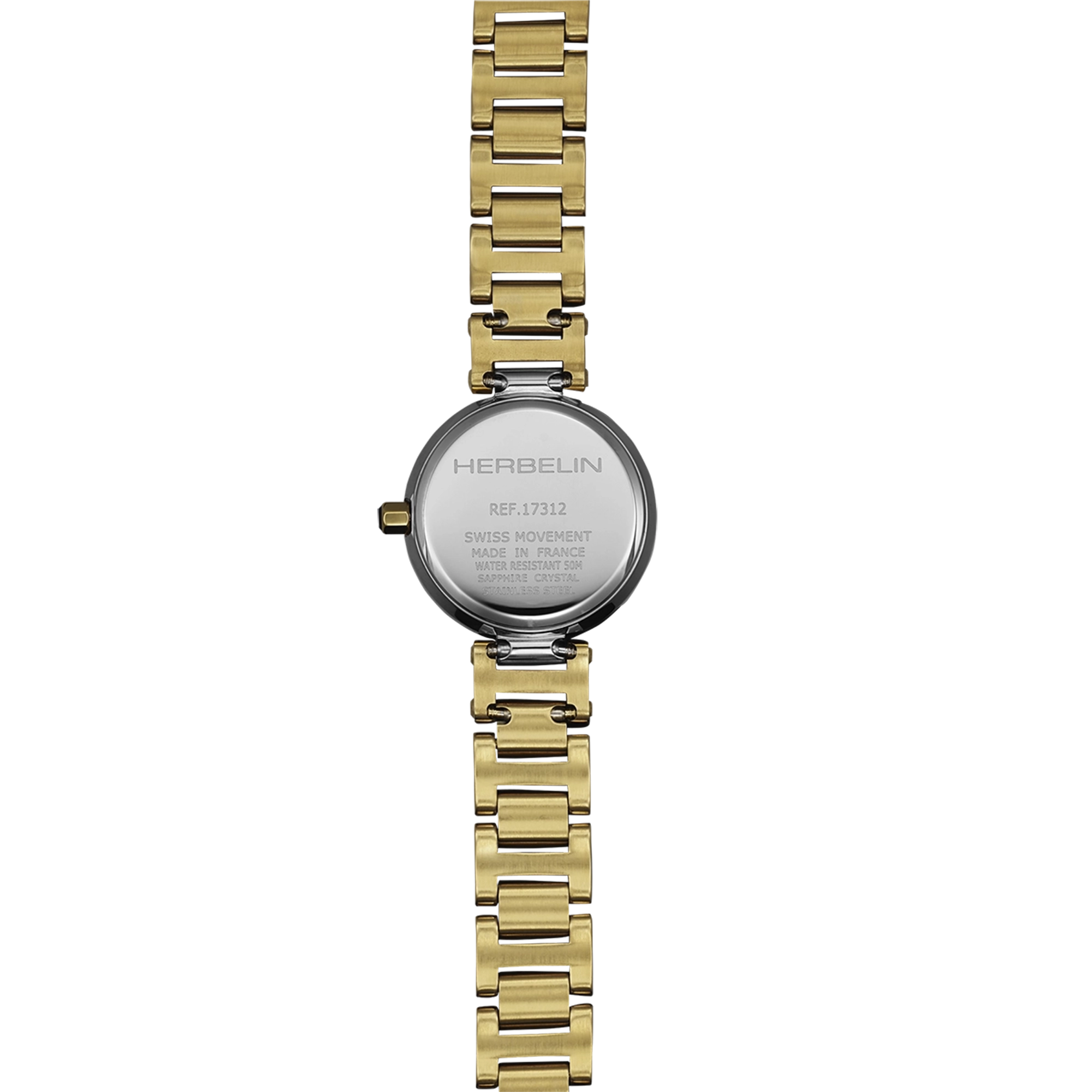 Dos de la Lady H, fond acier PVD or jaune avec gravure du modèle