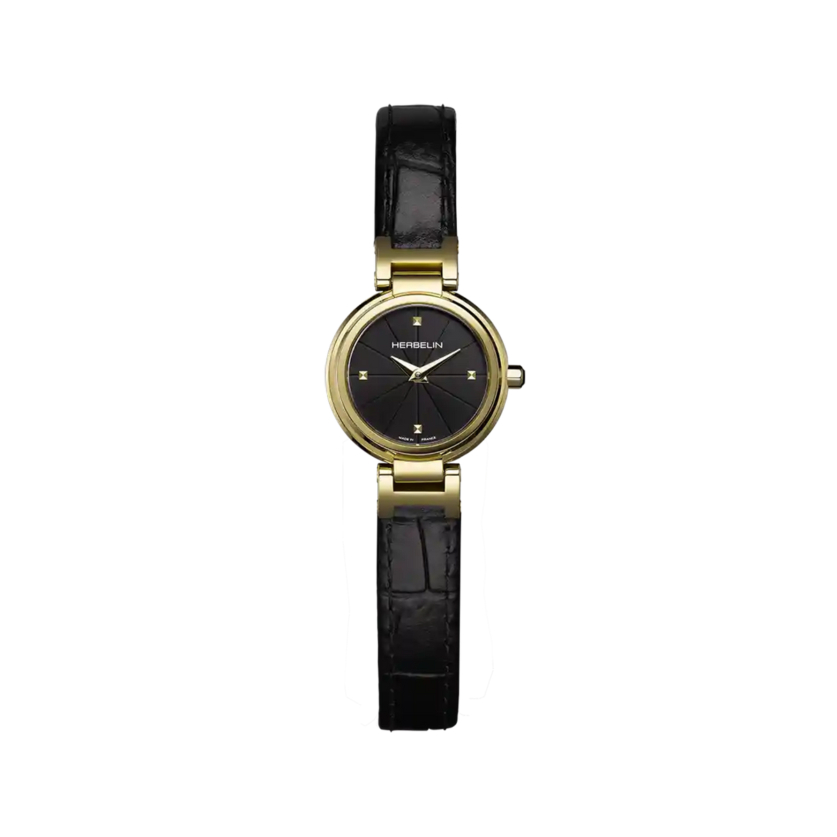 ⁣⁢Lady H, esfera negra, caja redonda de acero PVD oro amarillo, brazalete de piel⁤⁣