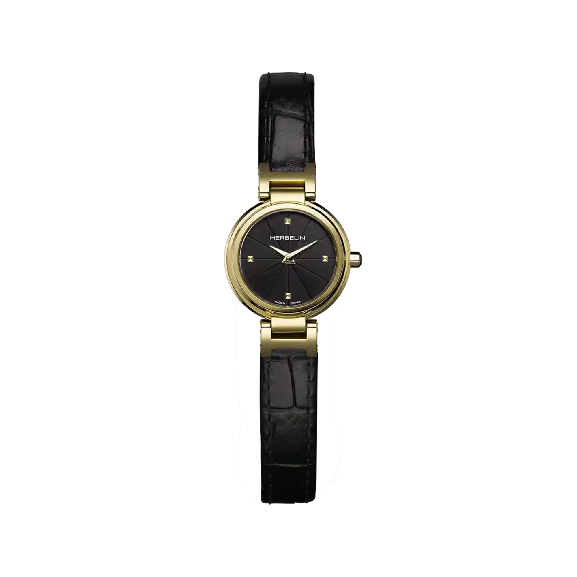 Lady H, cadran noir, boîtier acier PVD or jaune rond, bracelet cuir