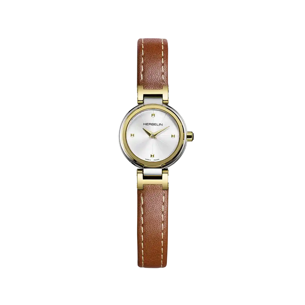 ⁣⁢Lady H, esfera plateada blanca, caja redonda de acero PVD oro amarillo, brazalete de piel⁤⁣