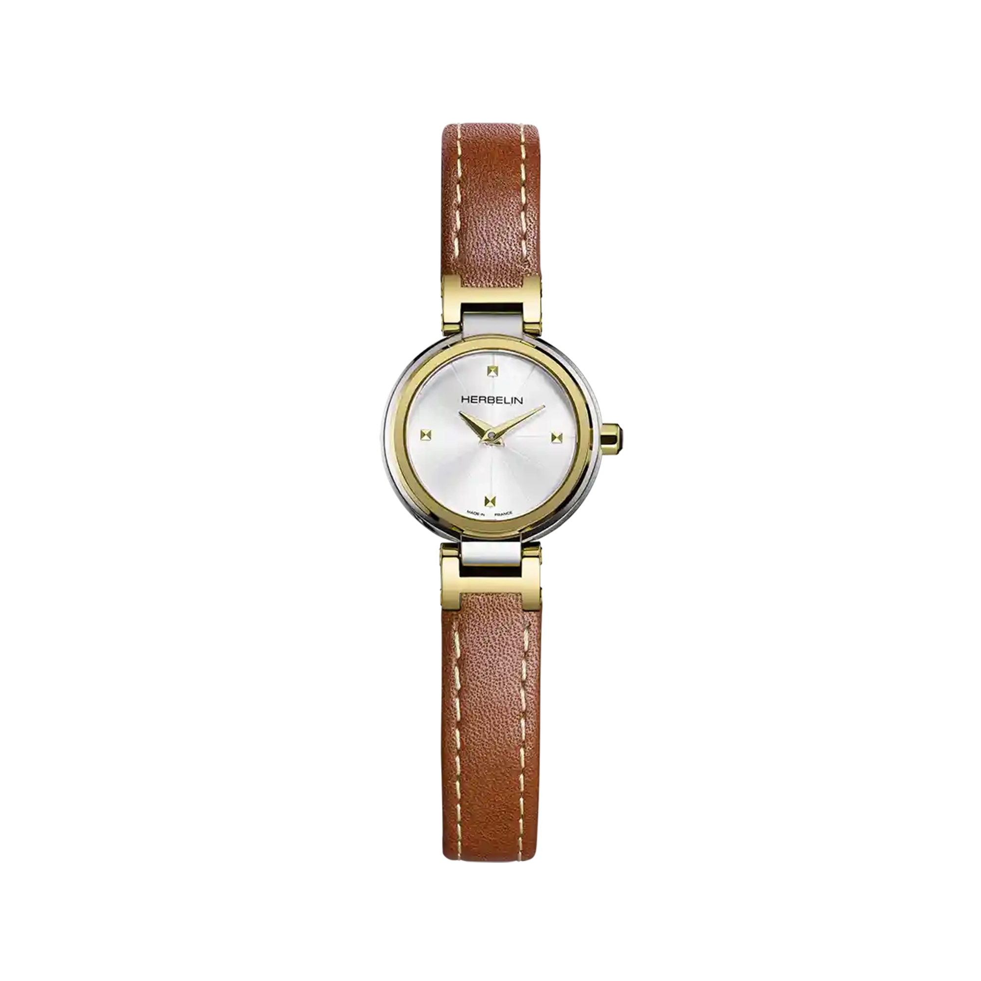 Lady H, cadran argent blanc, boîtier acier PVD or jaune rond, bracelet cuir