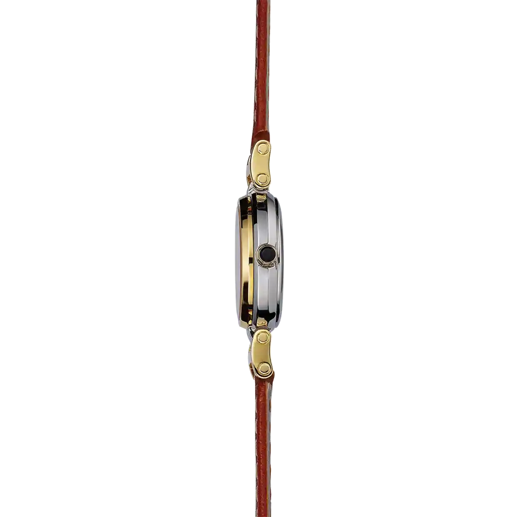Vue de profil, tranche acier PVD or jaune, couronne et attaches du bracelet cuir