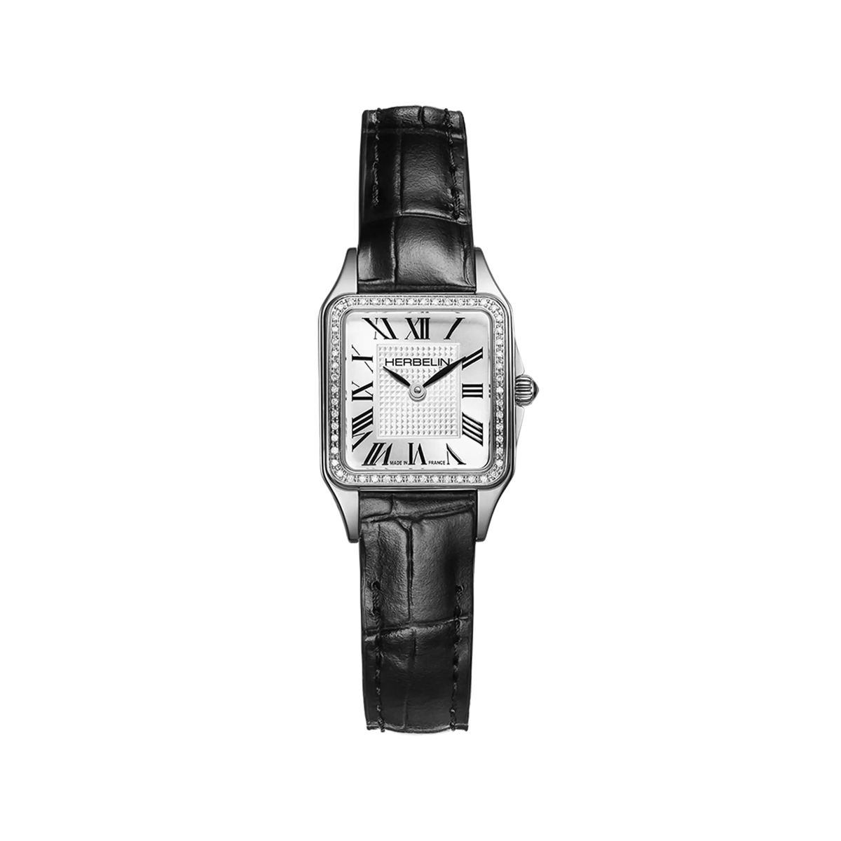 ⁣⁢Luna mini, white silver dial, steel square case, leather strap⁤⁣