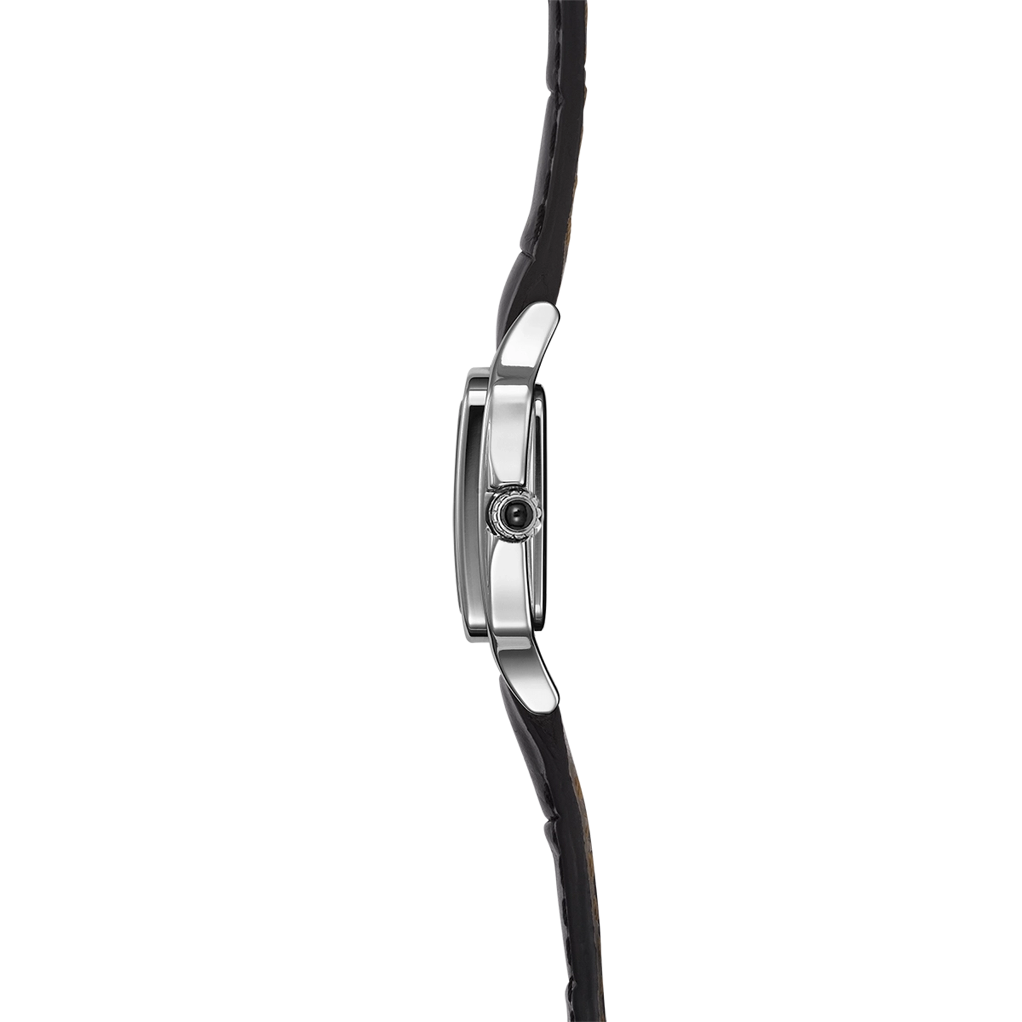 Vue de profil, tranche acier, couronne et attaches du bracelet cuir