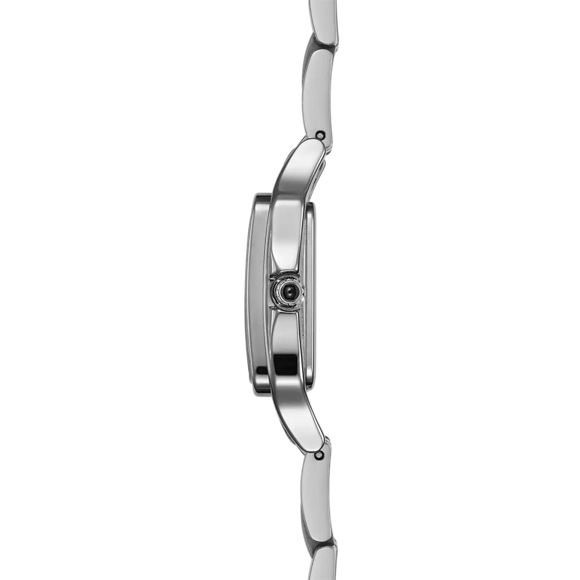 Vue de profil, tranche acier, couronne et attaches du bracelet acier