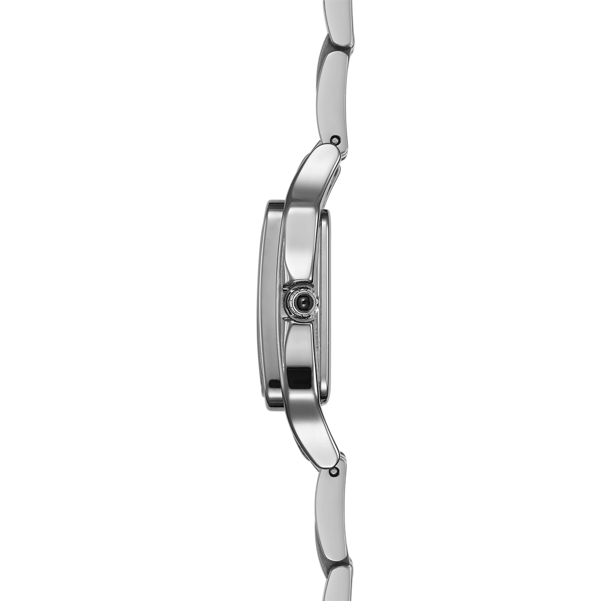Vue de profil, tranche acier, couronne et attaches du bracelet acier