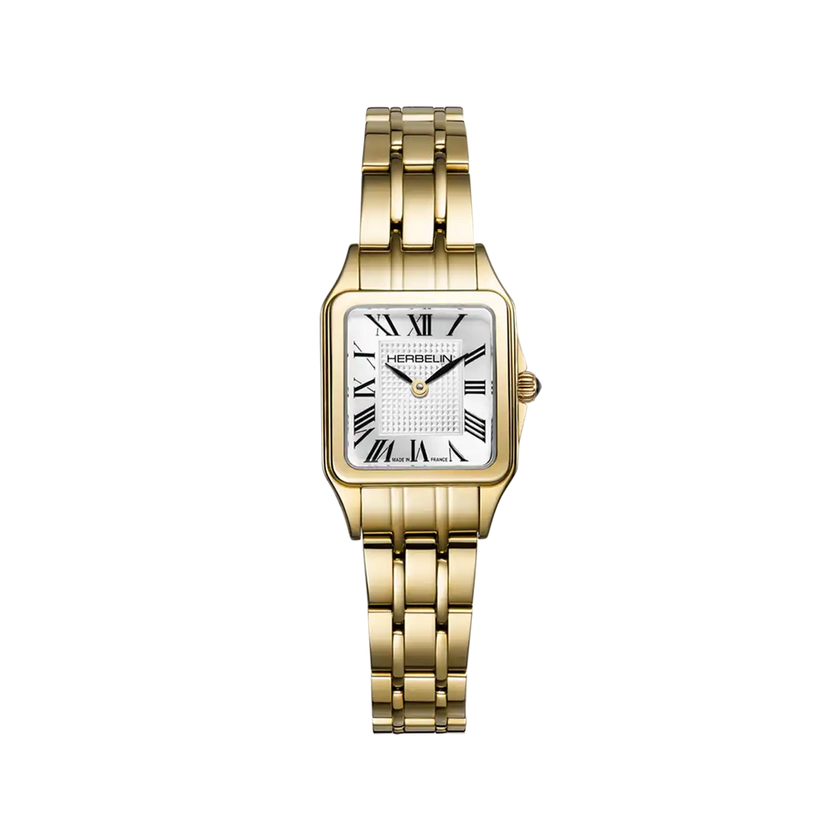 ⁣⁢Luna mini, guilloché silver dial, yellow gold PVD steel square case, rubber strap⁤⁣