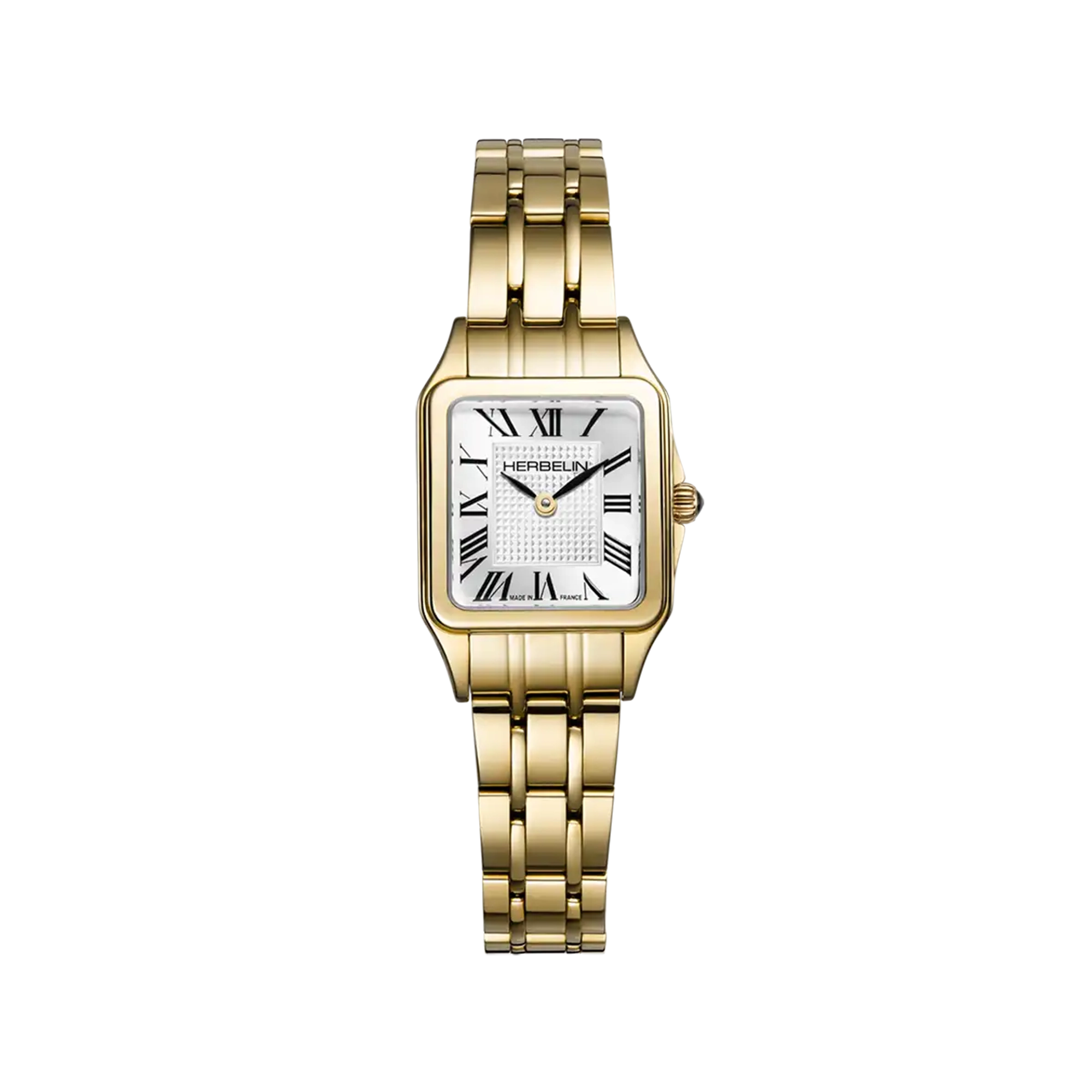 Luna mini, cadran argent guilloché, boîtier carré acier PVD or jaune, bracelet caoutchouc