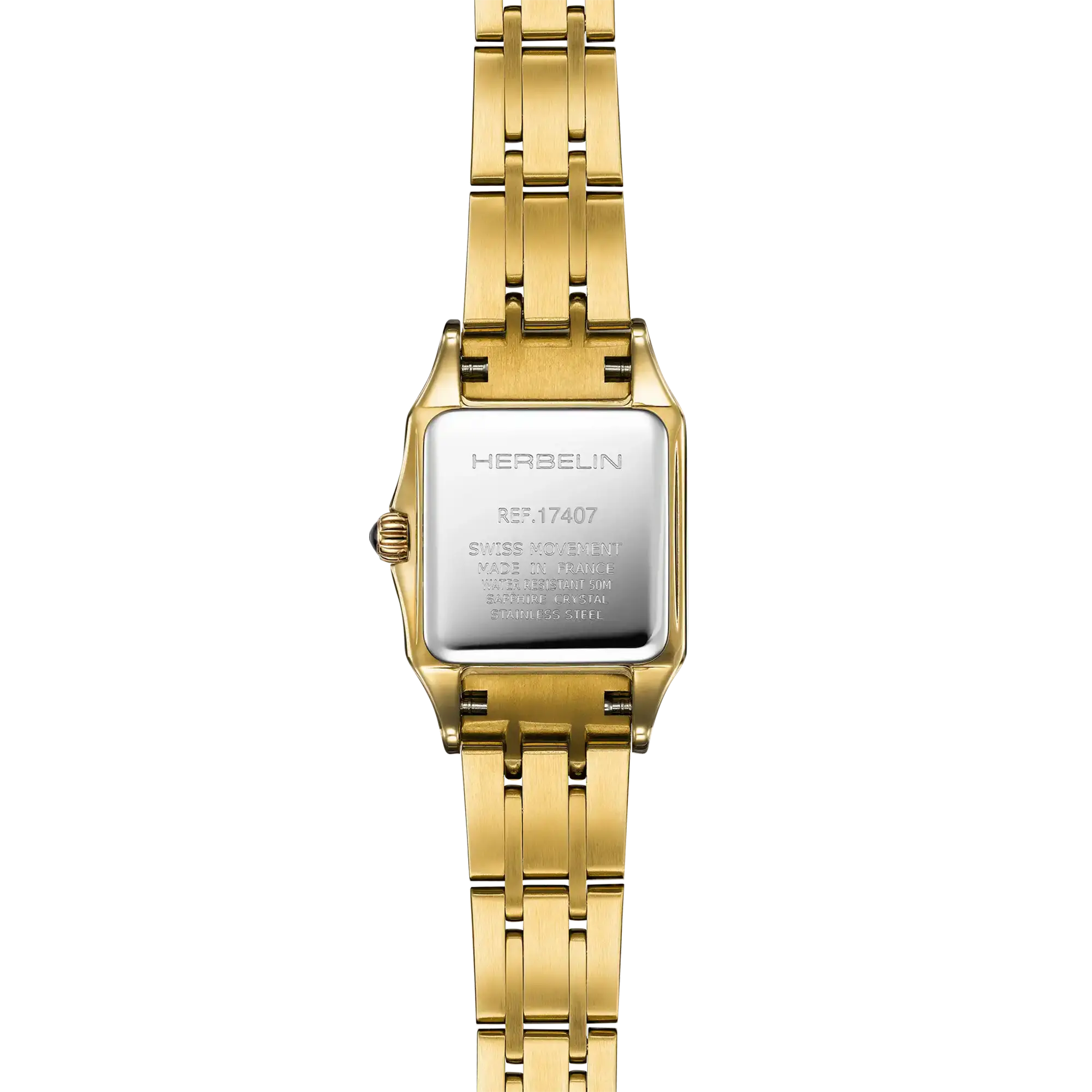Dos de la Luna mini, fond acier PVD or jaune avec gravure du modèle