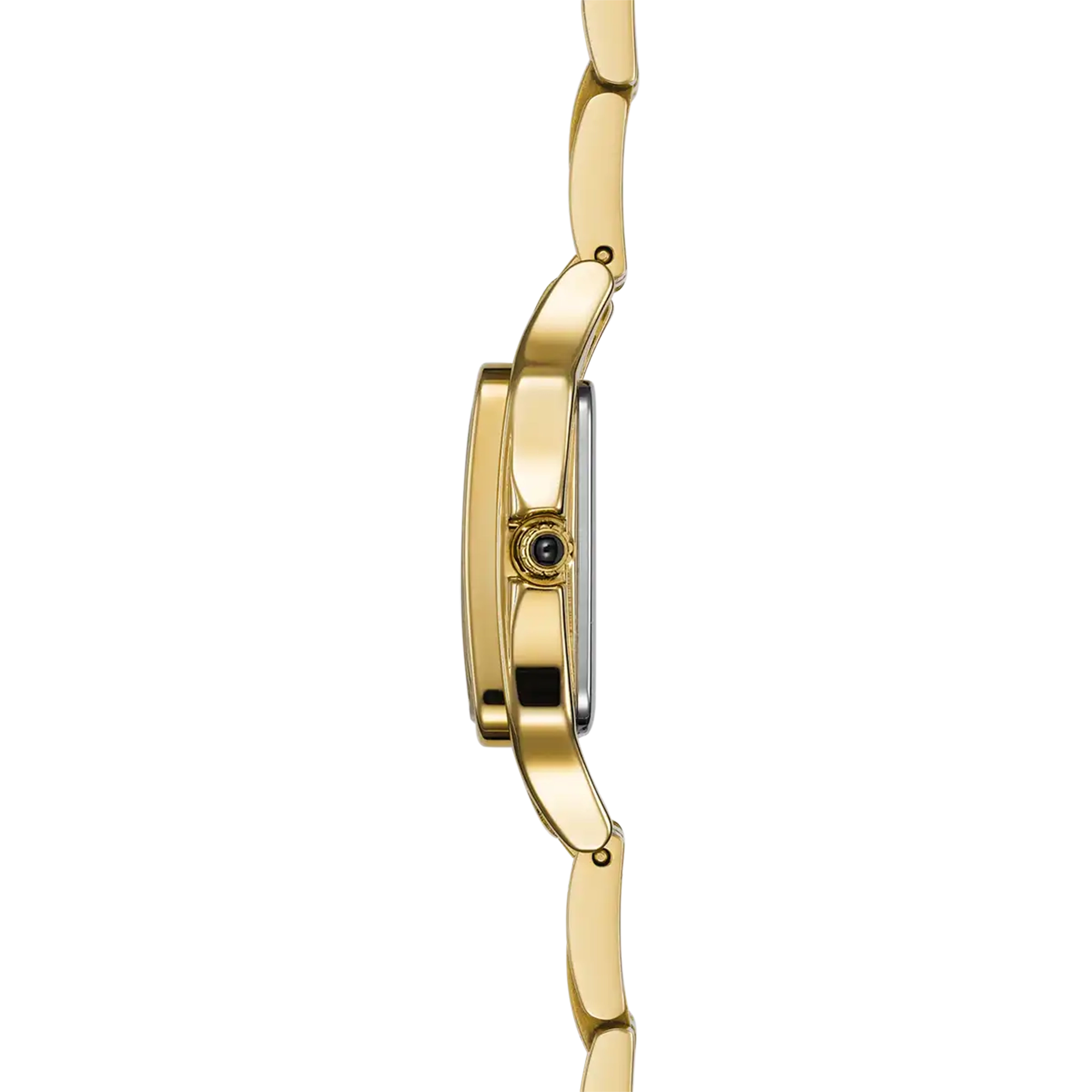Vue de profil, tranche acier PVD or jaune, couronne et attaches du bracelet caoutchouc