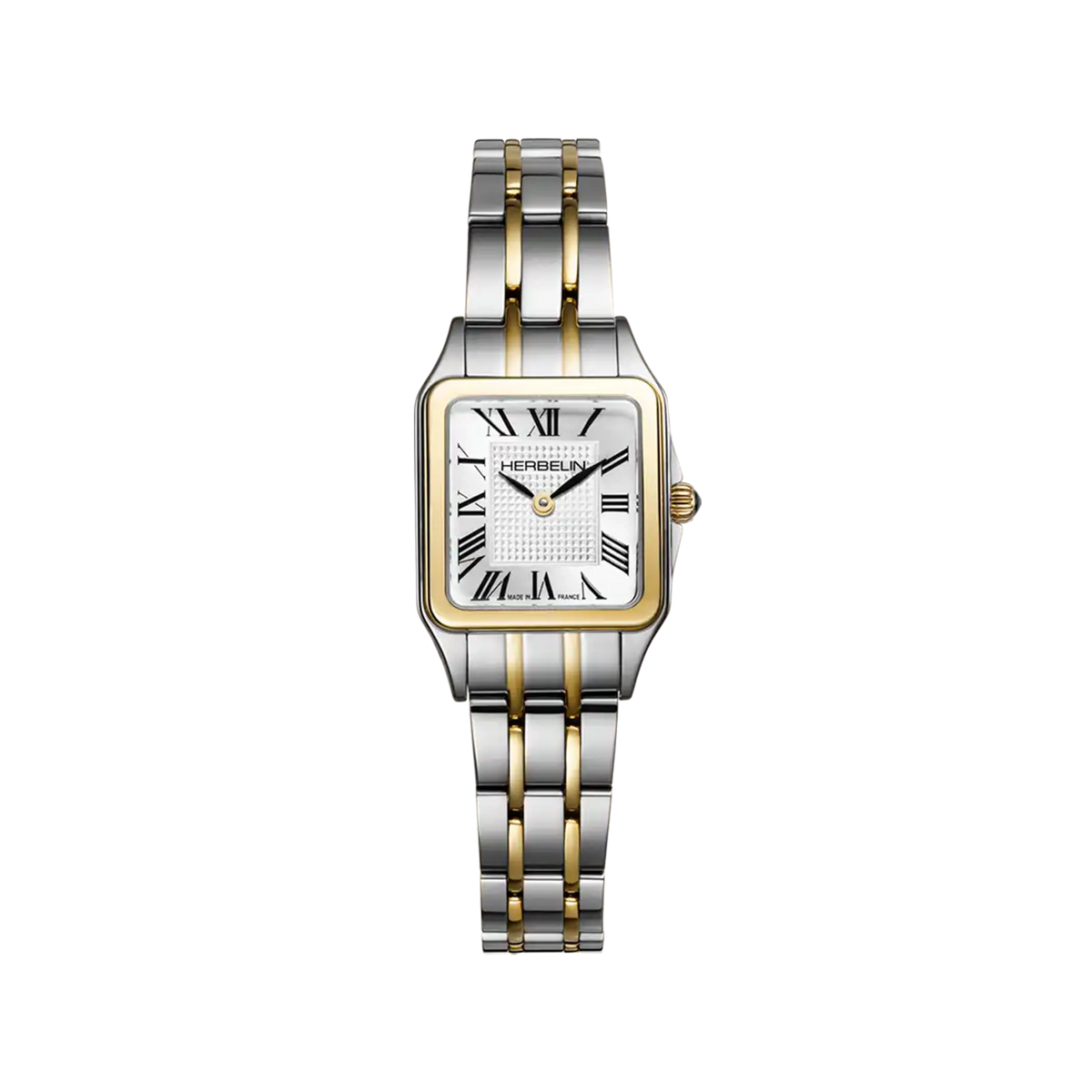 ⁣⁢Luna mini, silver guilloché dial, yellow gold PVD steel square case, two-tone steel bracelet⁤⁣