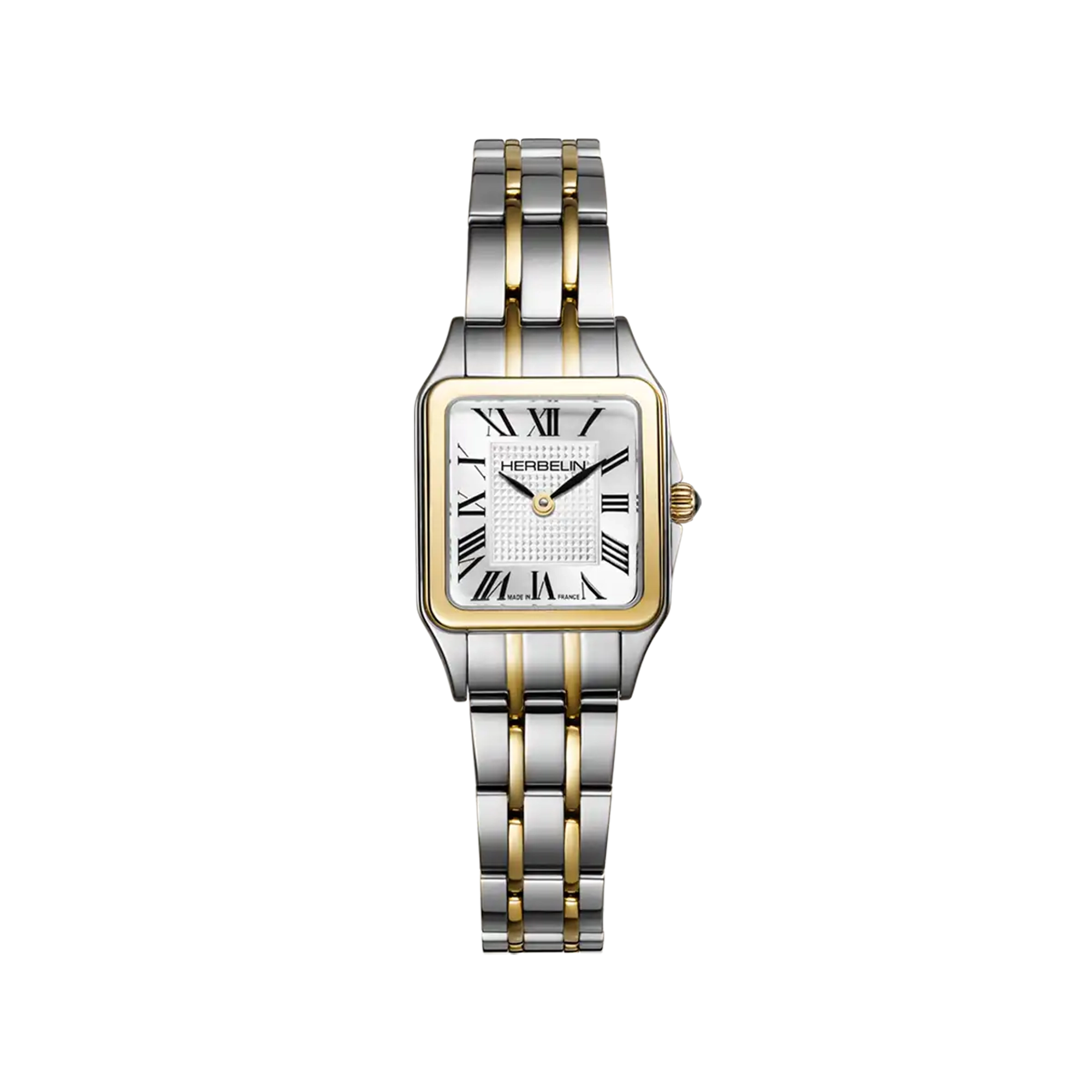 Luna mini, cadran argent guilloché, boîtier carré acier PVD or jaune, bracelet acier bicolore