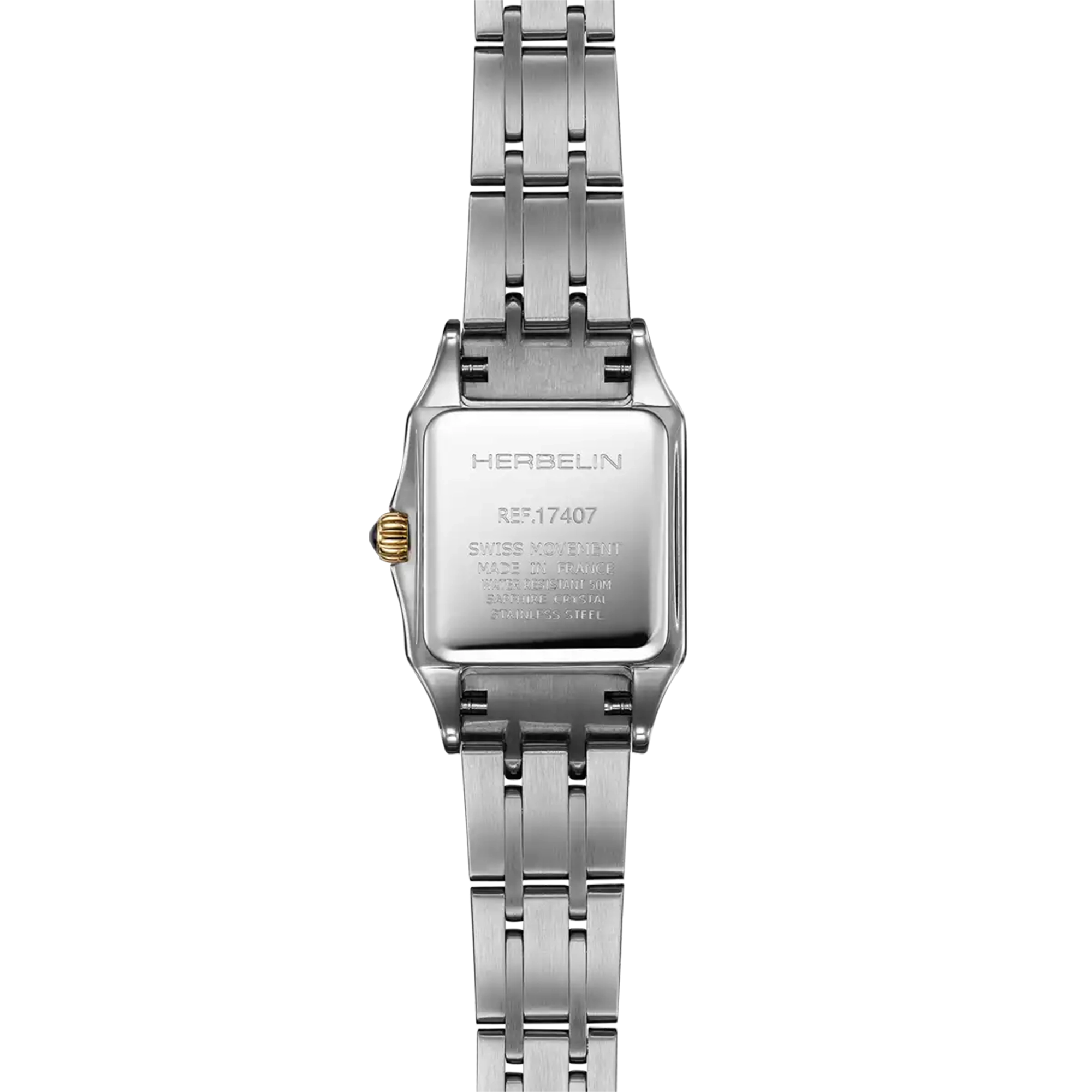 Dos de la Luna mini, fond acier PVD or jaune avec gravure du modèle