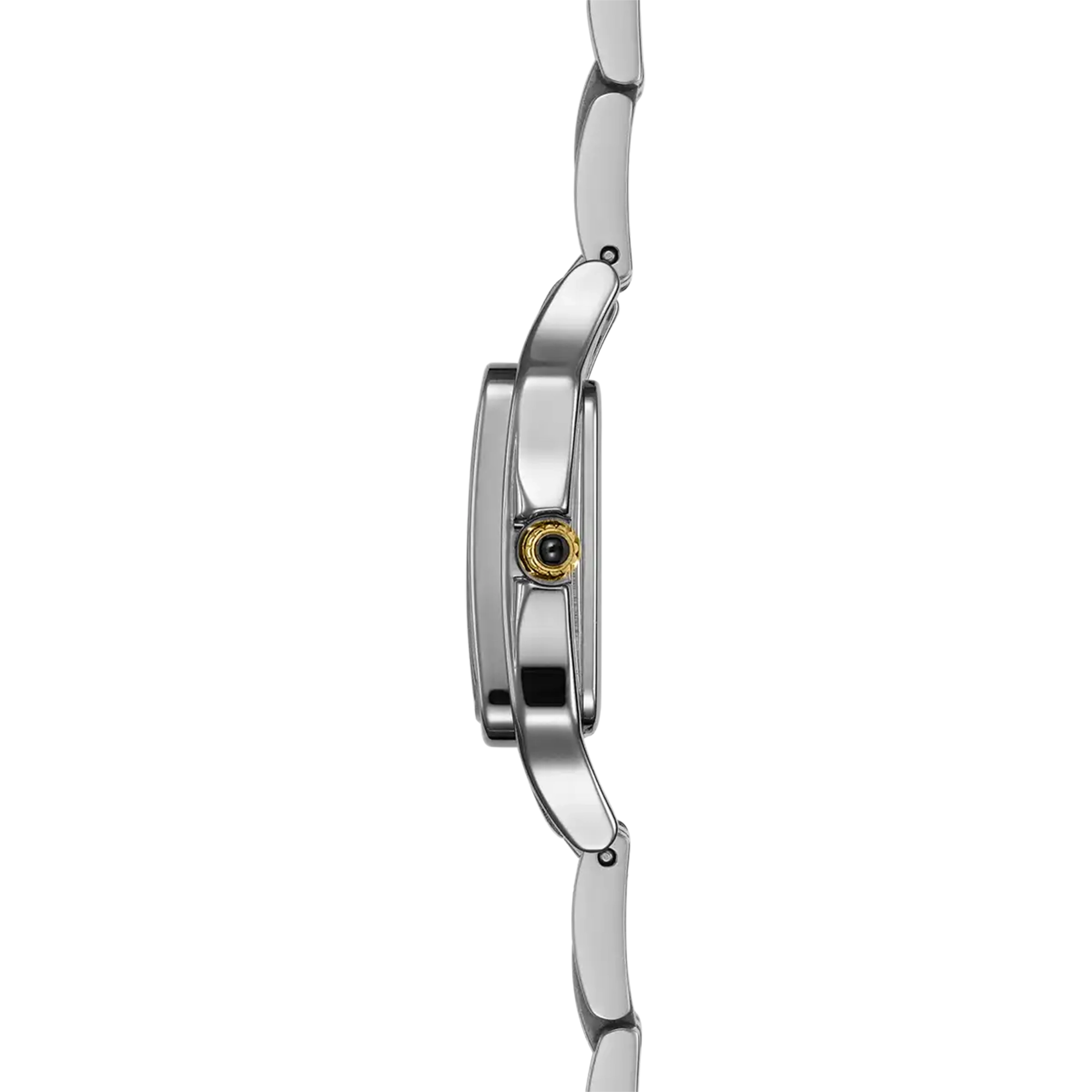 Vue de profil, tranche acier PVD or jaune, couronne et attaches du bracelet acier bicolore