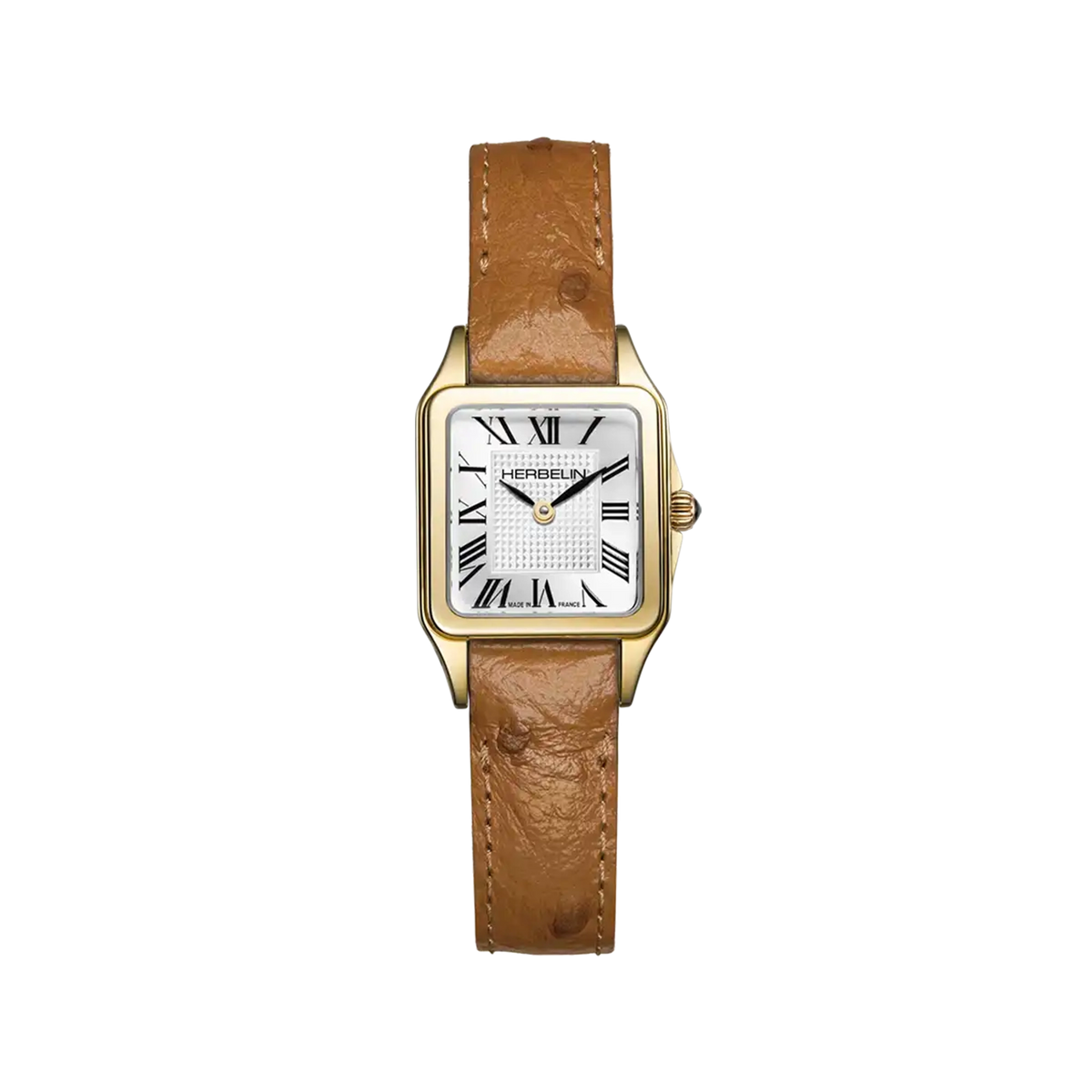 ⁣⁢Luna mini, silver guilloché dial, yellow gold PVD steel square case, leather strap⁤⁣