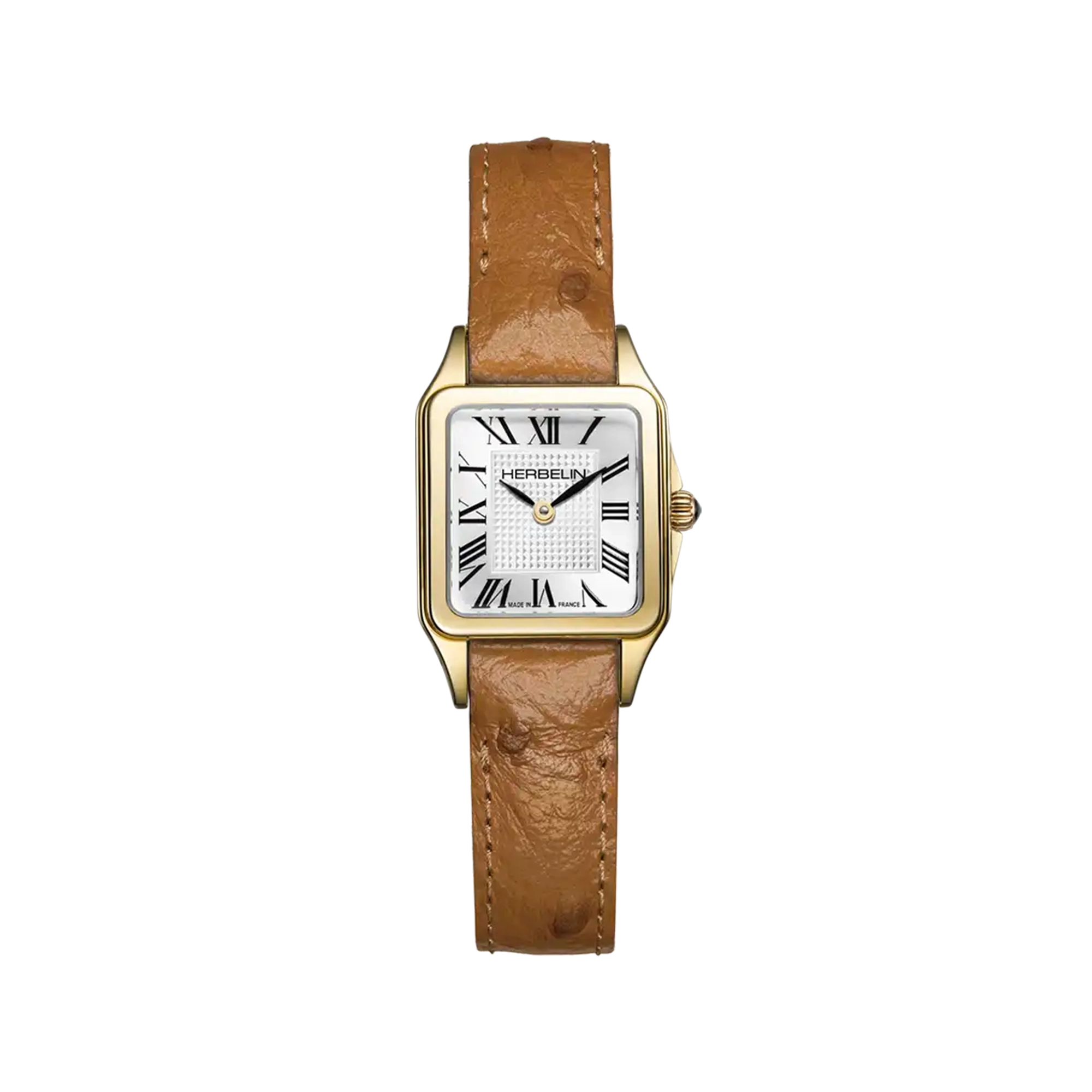 Luna mini, cadran argent guilloché, boîtier carré acier PVD or jaune, bracelet cuir