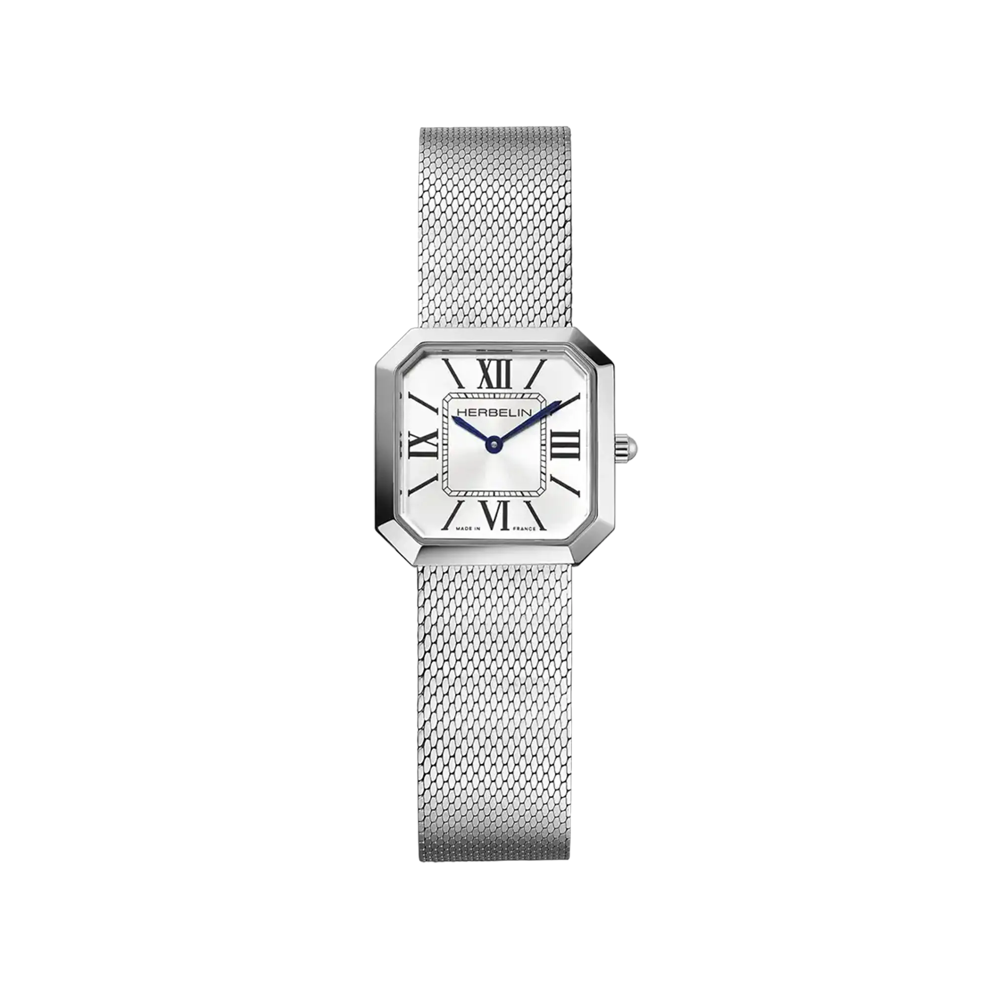 Octogône, cadran argent blanc, boîtier carré acier, bracelet acier