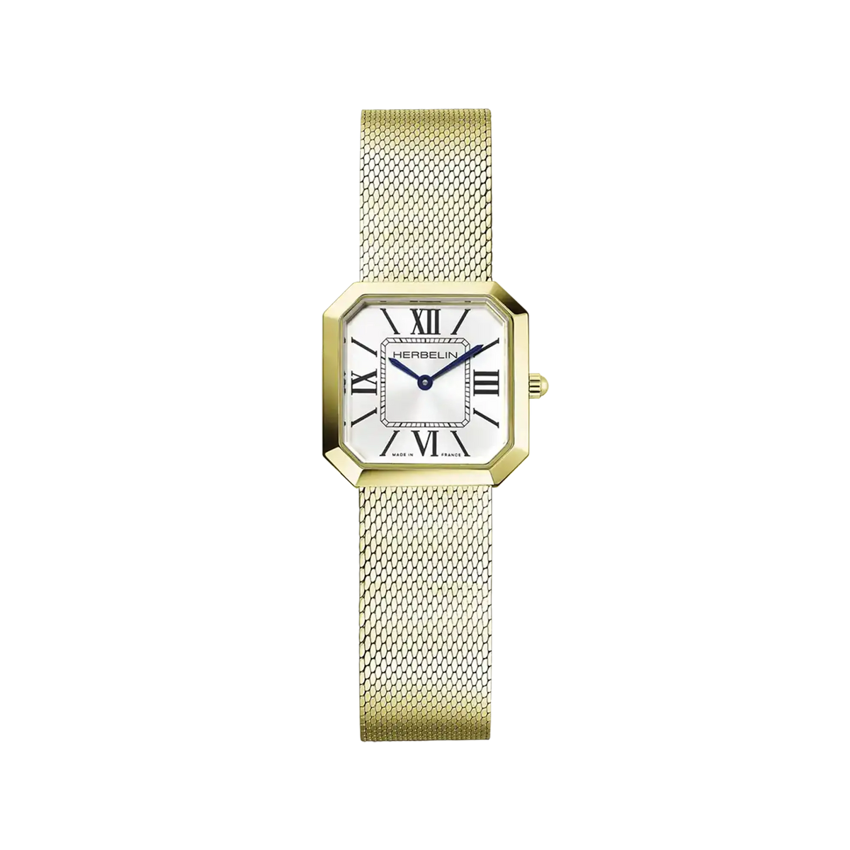 ⁣⁢Octogône, esfera plateada blanca, caja cuadrada de acero PVD oro amarillo, brazalete de acero bicolor⁤⁣