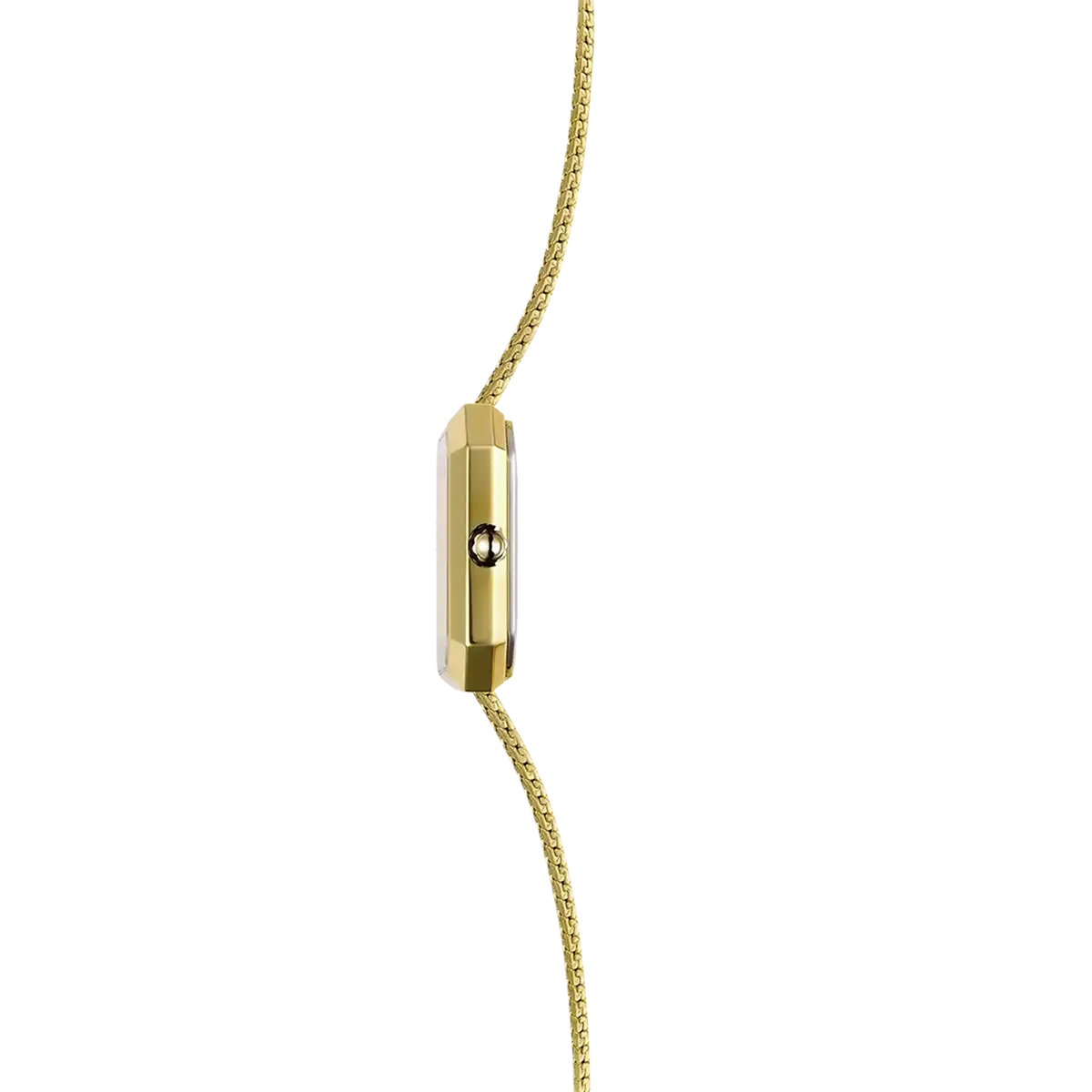 ⁣⁢Vista de perfil, canto de acero PVD oro amarillo, corona y asas del brazalete de acero bicolor⁤⁣