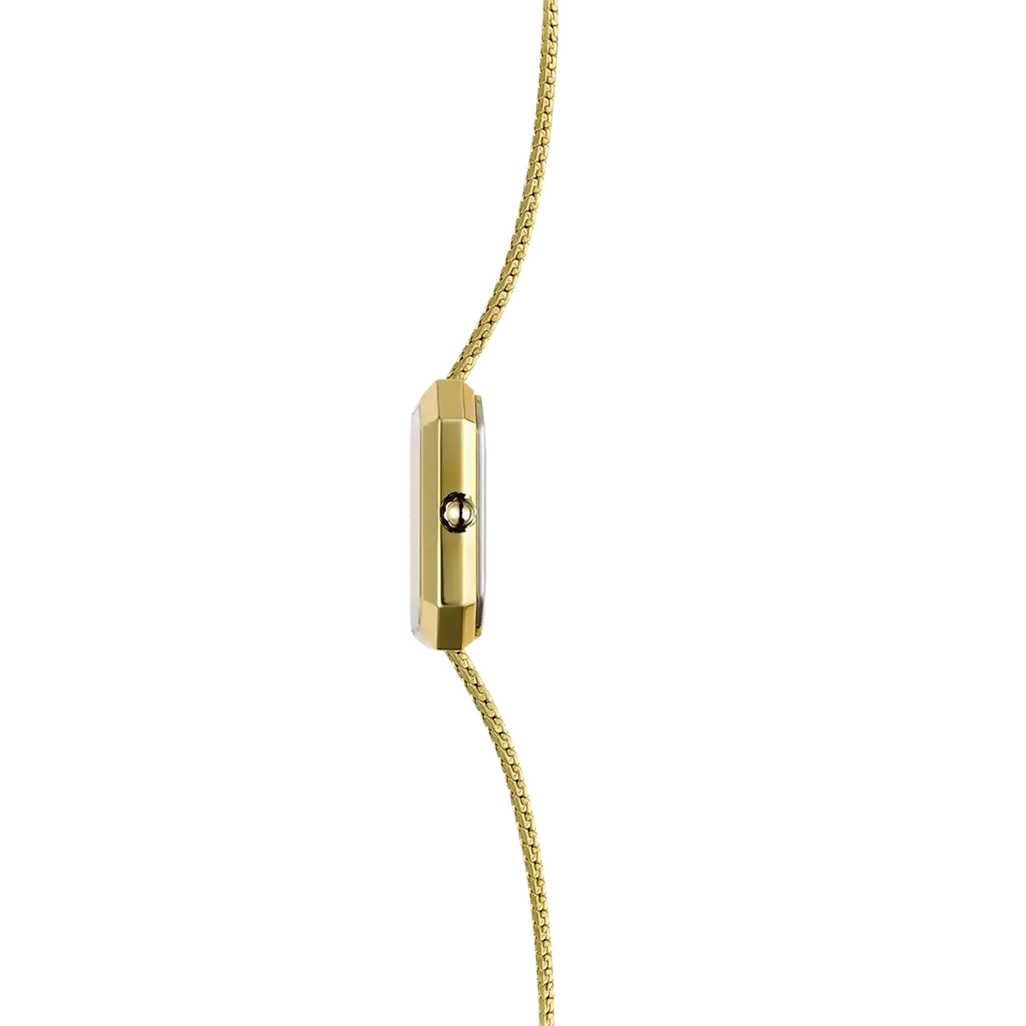 Vue de profil, tranche acier PVD or jaune, couronne et attaches du bracelet acier bicolore