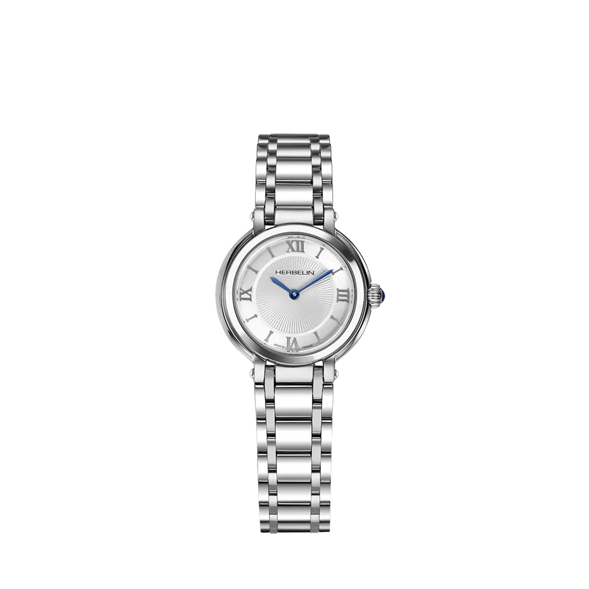 ⁣⁢Galet, esfera plateada guilloché, caja de acero redonda, brazalete de acero⁤⁣