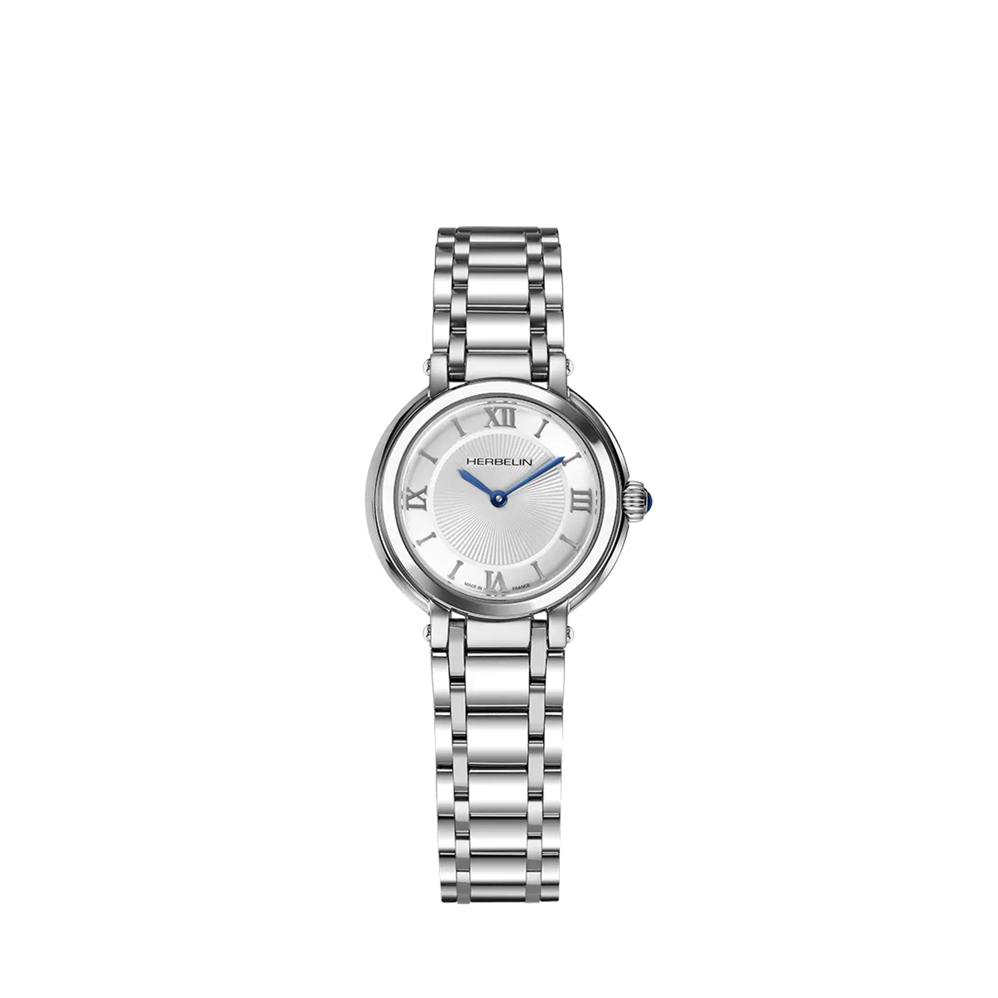 Galet, cadran argent guilloché, boîtier acier rond, bracelet acier