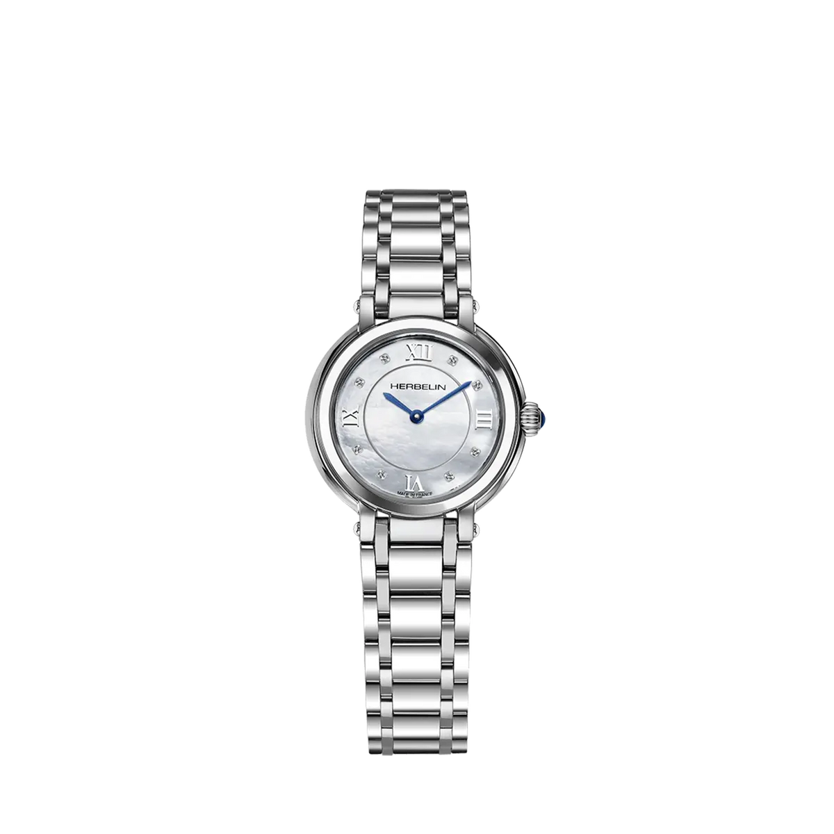⁣⁢Galet, esfera nácar blanco, caja acero redonda, brazalete acero⁤⁣