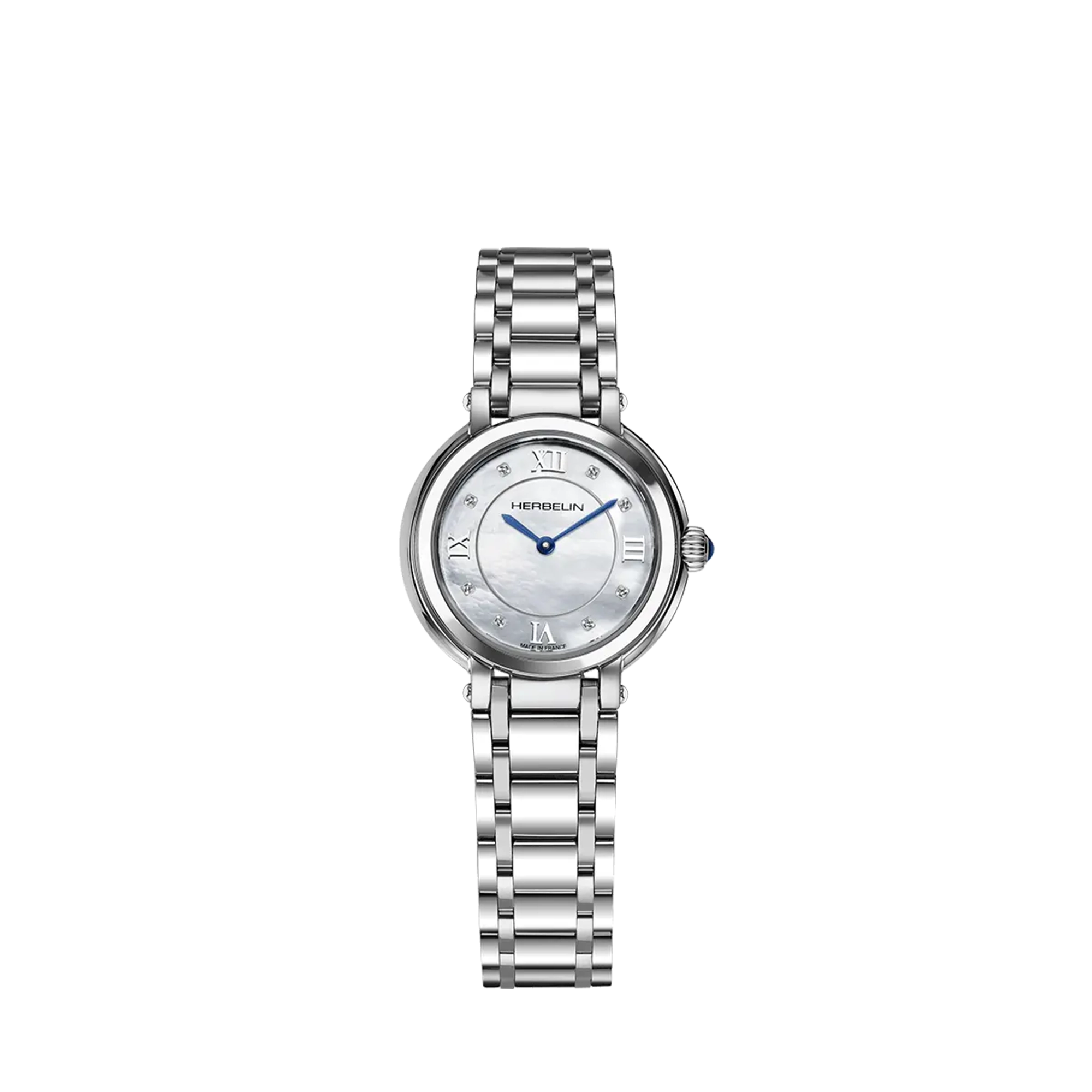 Galet, cadran nacre blanche, boîtier acier rond, bracelet acier